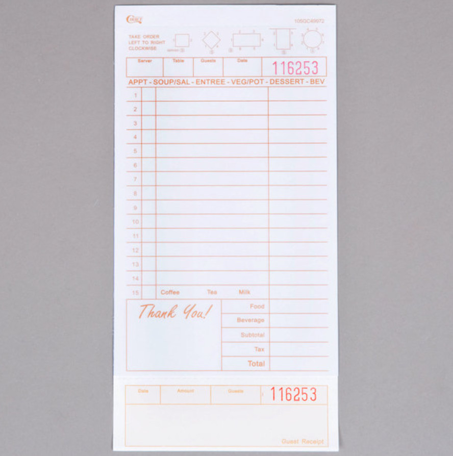 2 Part Tan and White Carbonless Guest Checks w/ Bottom Guest Receipt 2000 Case
