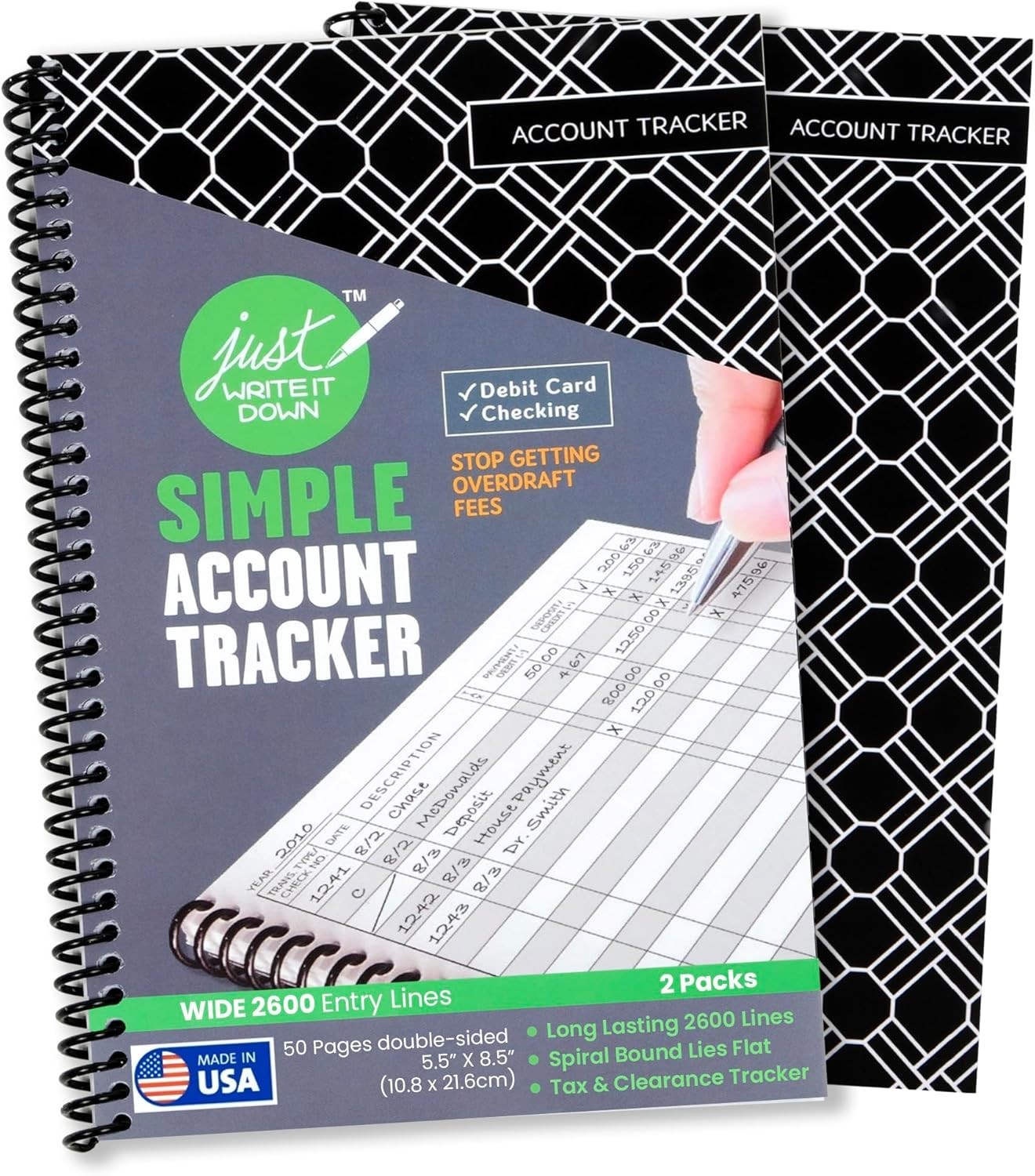 2-Pack Check Book Register & Debit Card Ledger – Black, Standard Edition