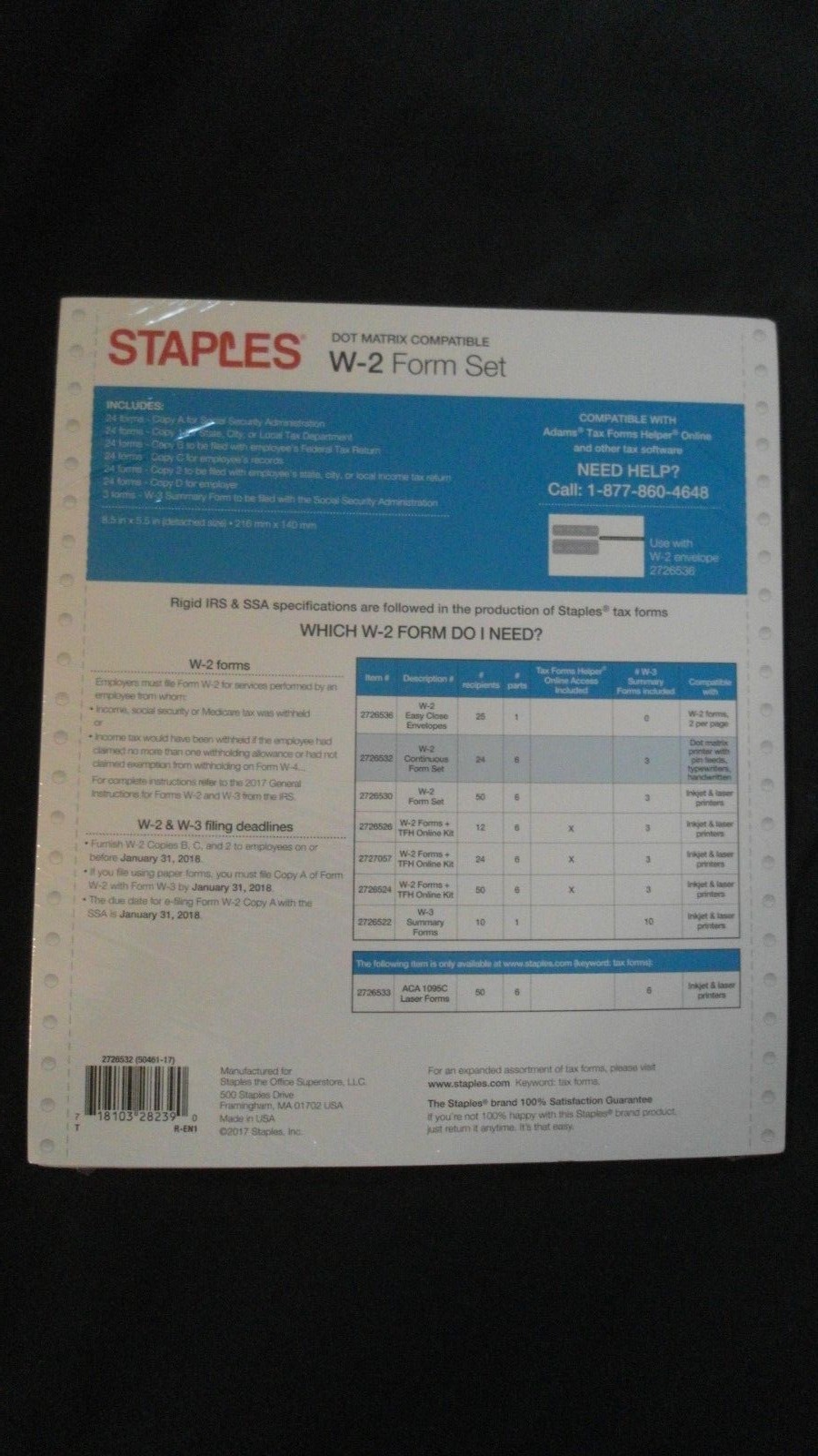 24 Count Pack of Staples Dot Matrix 2017 IRS Tax W-2 6-Part Form Sets