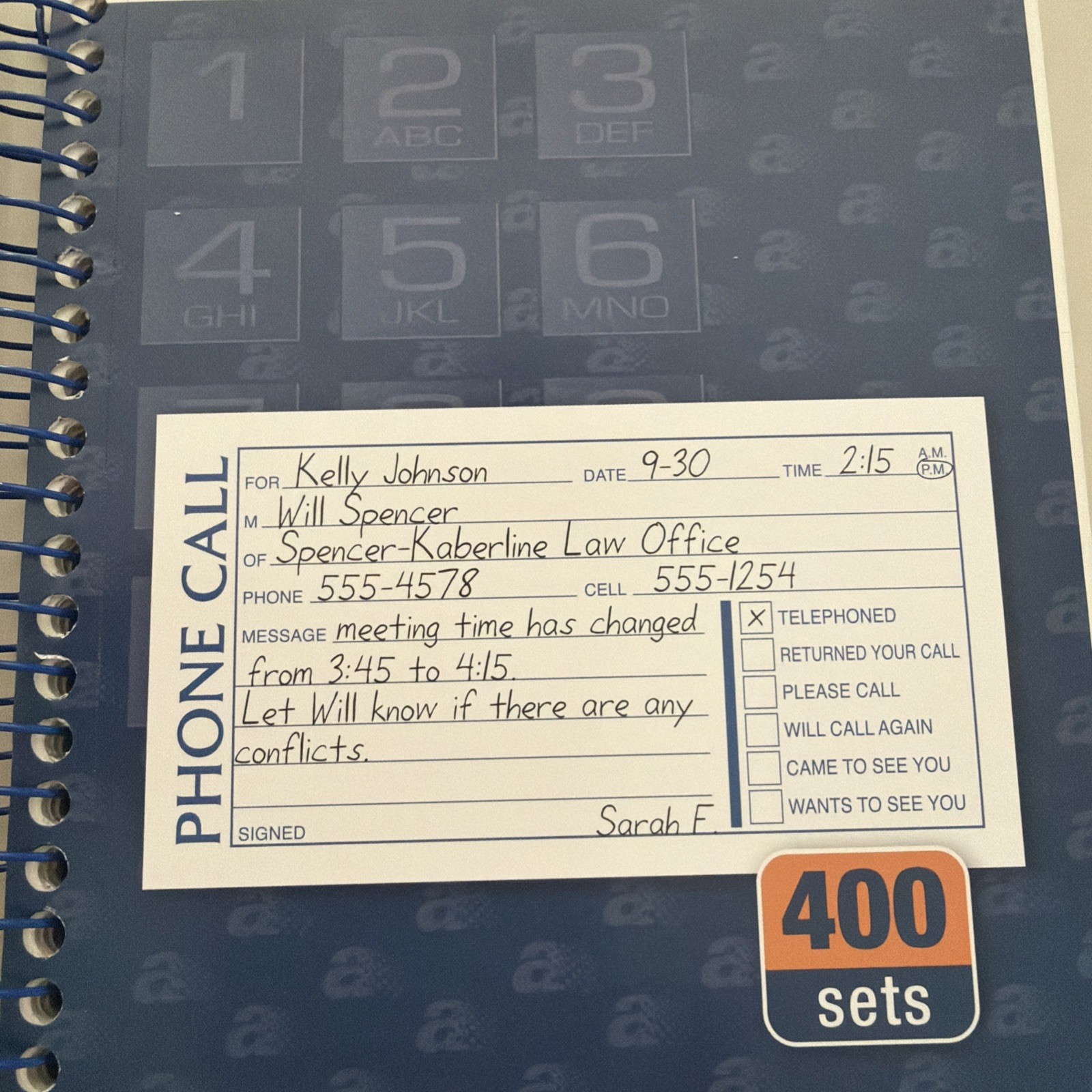 Adams Phone Message Book 2 Part Carbonless 2 Spiral Books 800 Sheets SC1154D