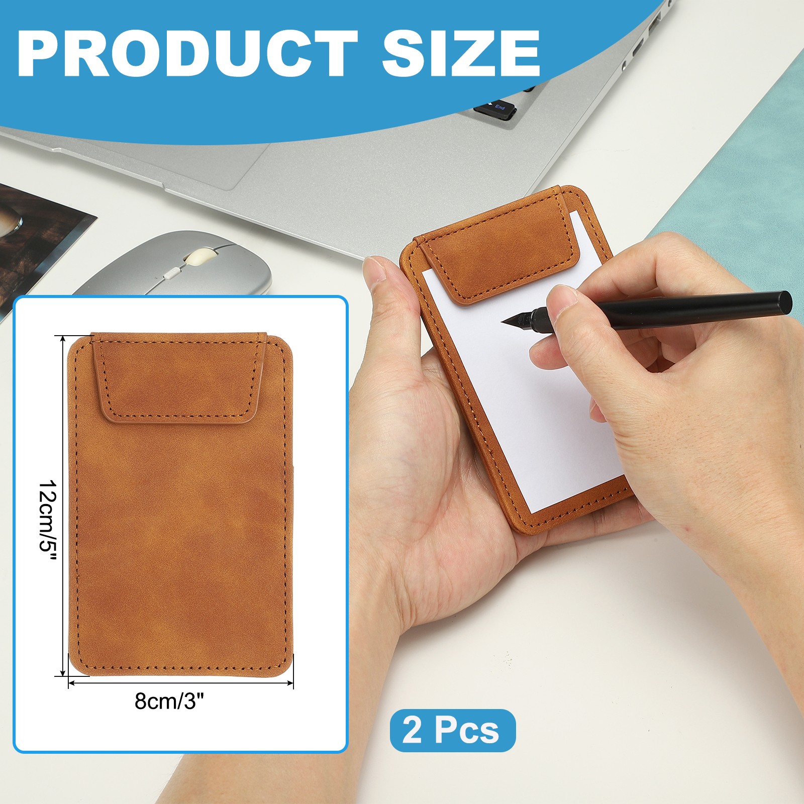 2 Pack Mini Clipboard 5″ x 3″ Leather Small Clipboard with Pen Holder Brown