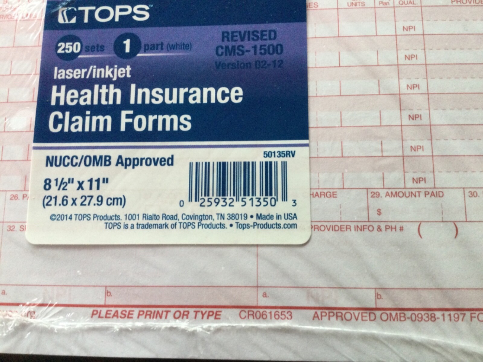 CMS 1500 Health Insurance Claim Forms HCFA Approved Version 02/12 – Ream …250