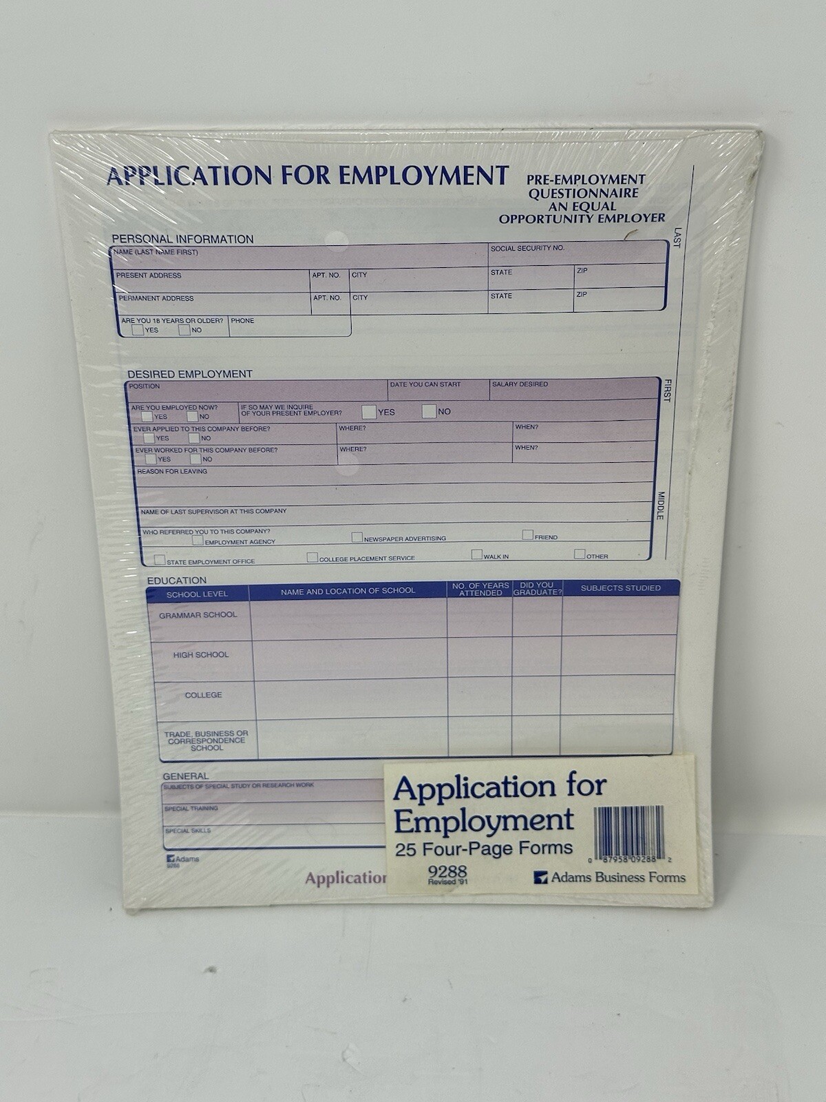 NEW SEALED Adams Application for Employment, 8 1/2″ x 11″, Pack of 25 #9288