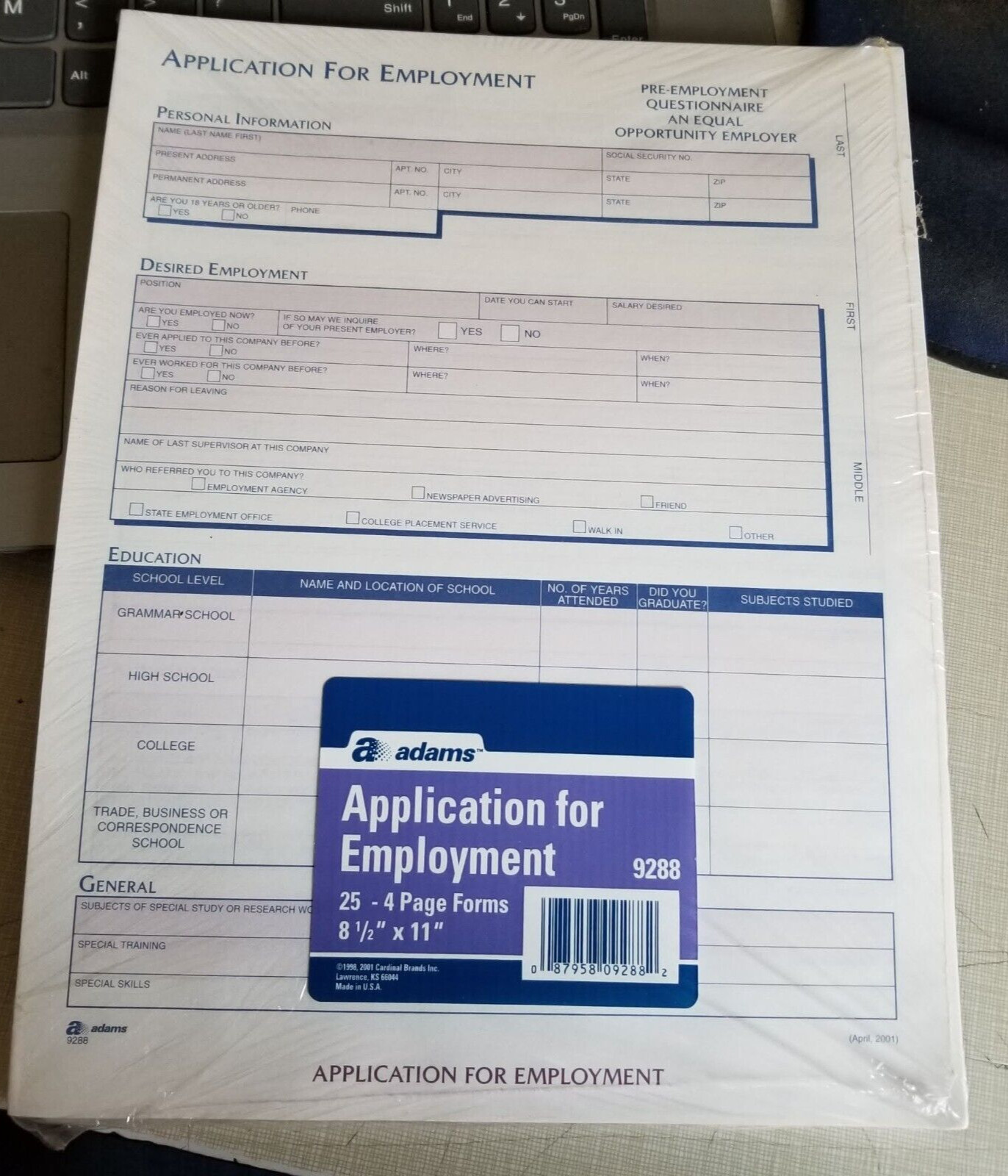 NEW SEALED Adams Application for Employment, 8 1/2″ x 11″, Pack of 25 #9288