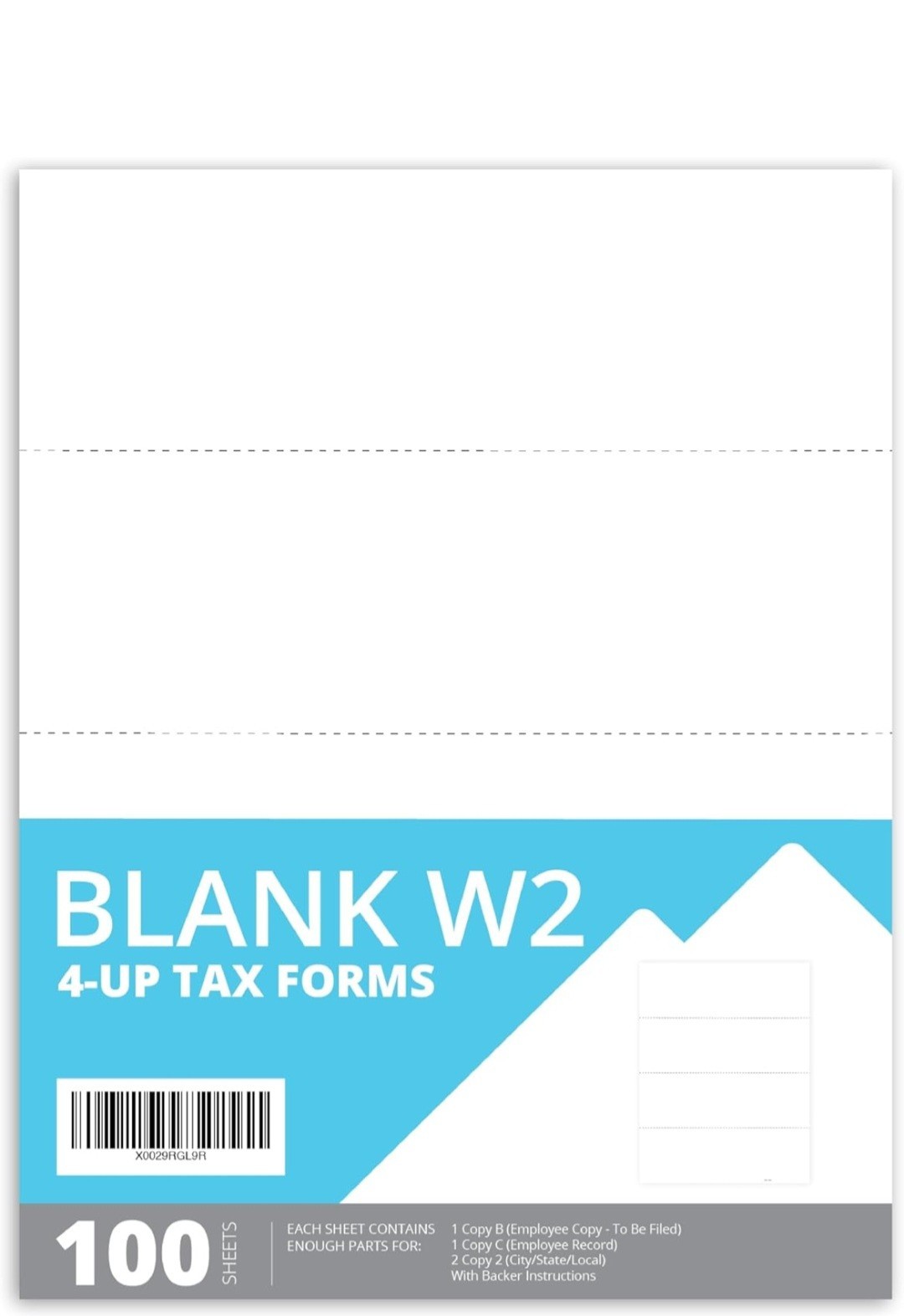 Blue Summit Blank W-2 4-Up Tax Forms 100 Sheets Horizontal Printer Compatible