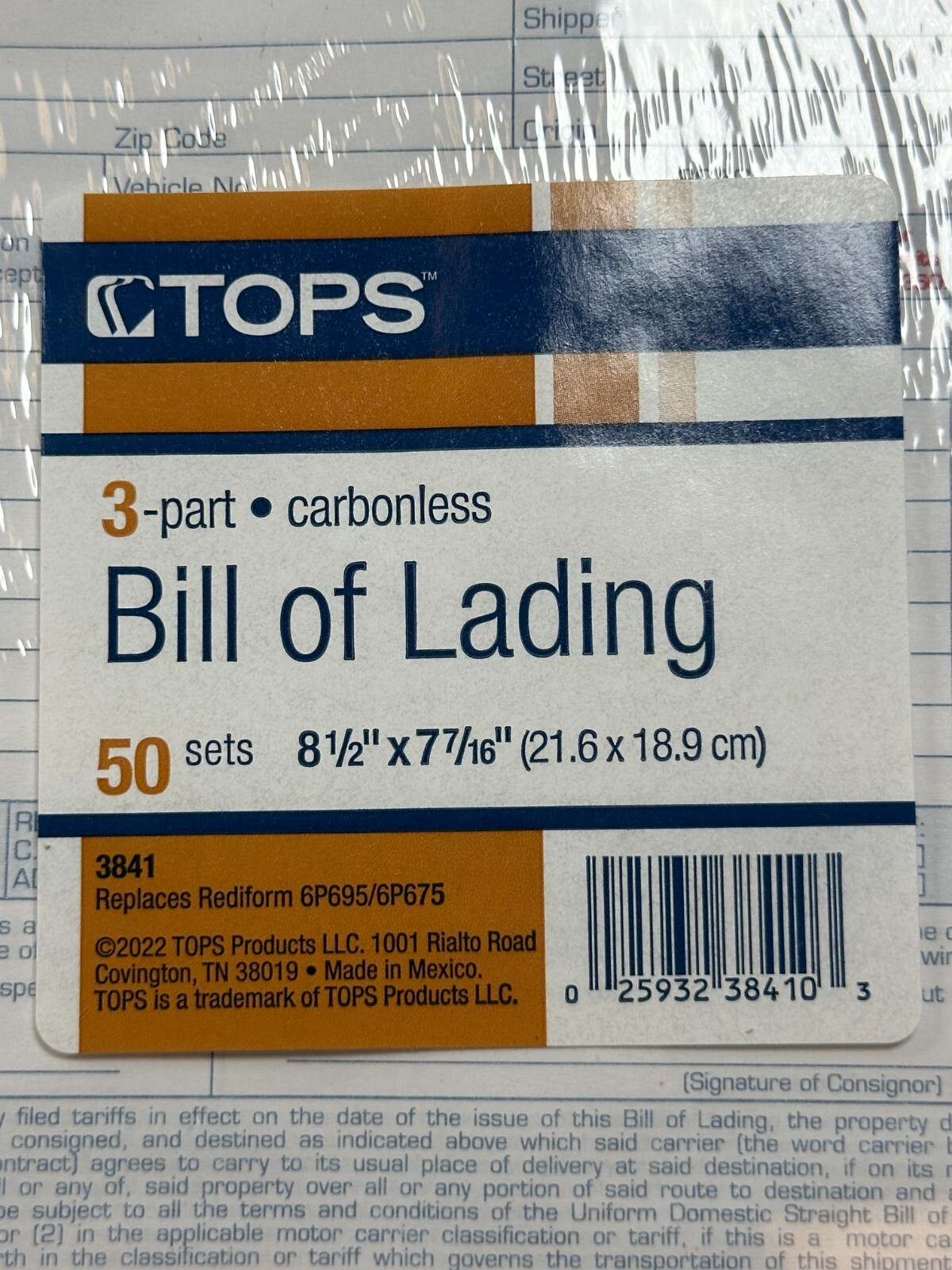 Tops 3841 Bill of Lading 3 Part Carbonless 8 1/2″ x 7 7/16″ 5 packs/Box – NEW