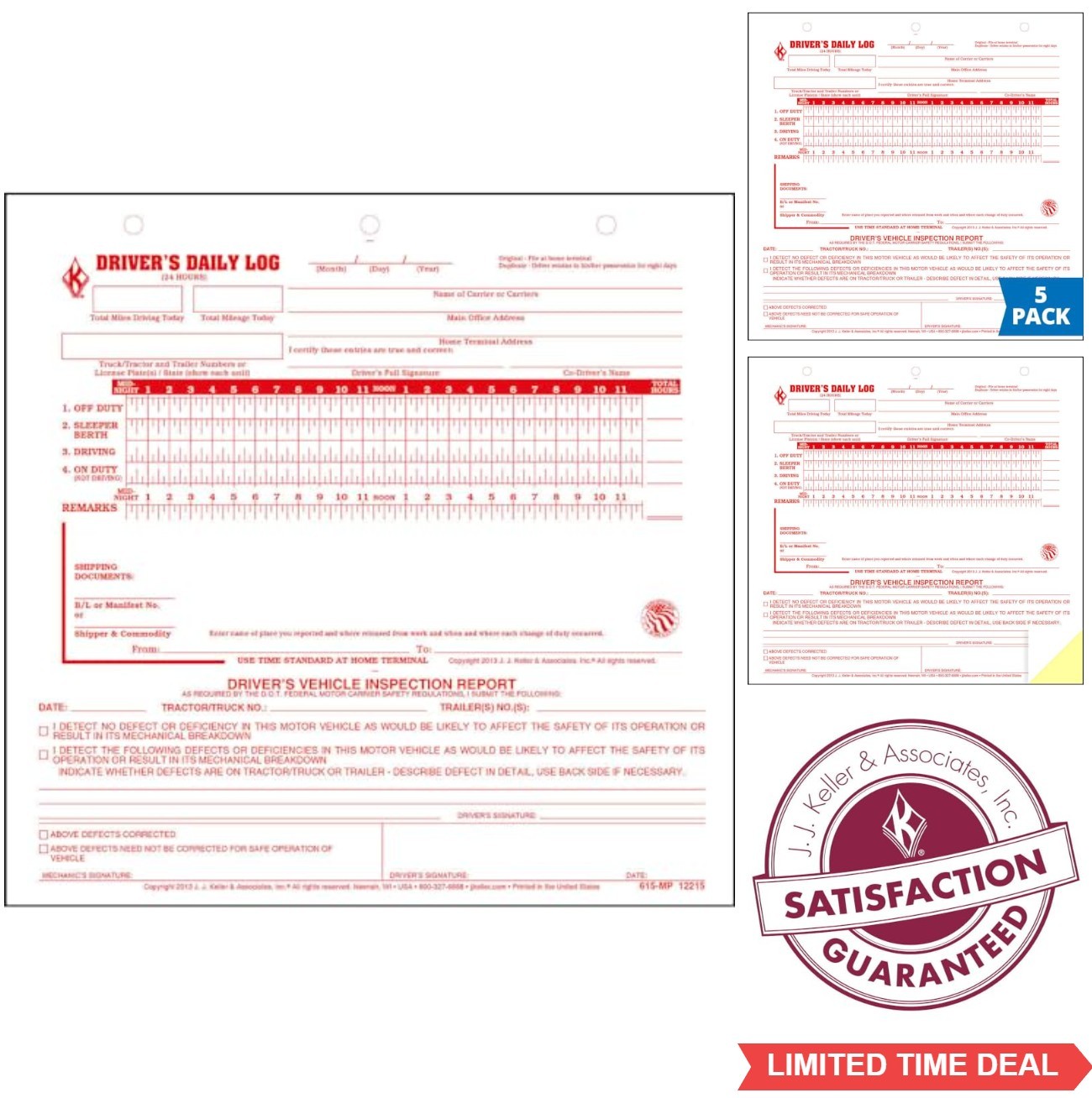 Driver Daily Log Book 5 Pack 155 Forms DVIR Carbonless 8.5 x 8.25 Truck Drivers
