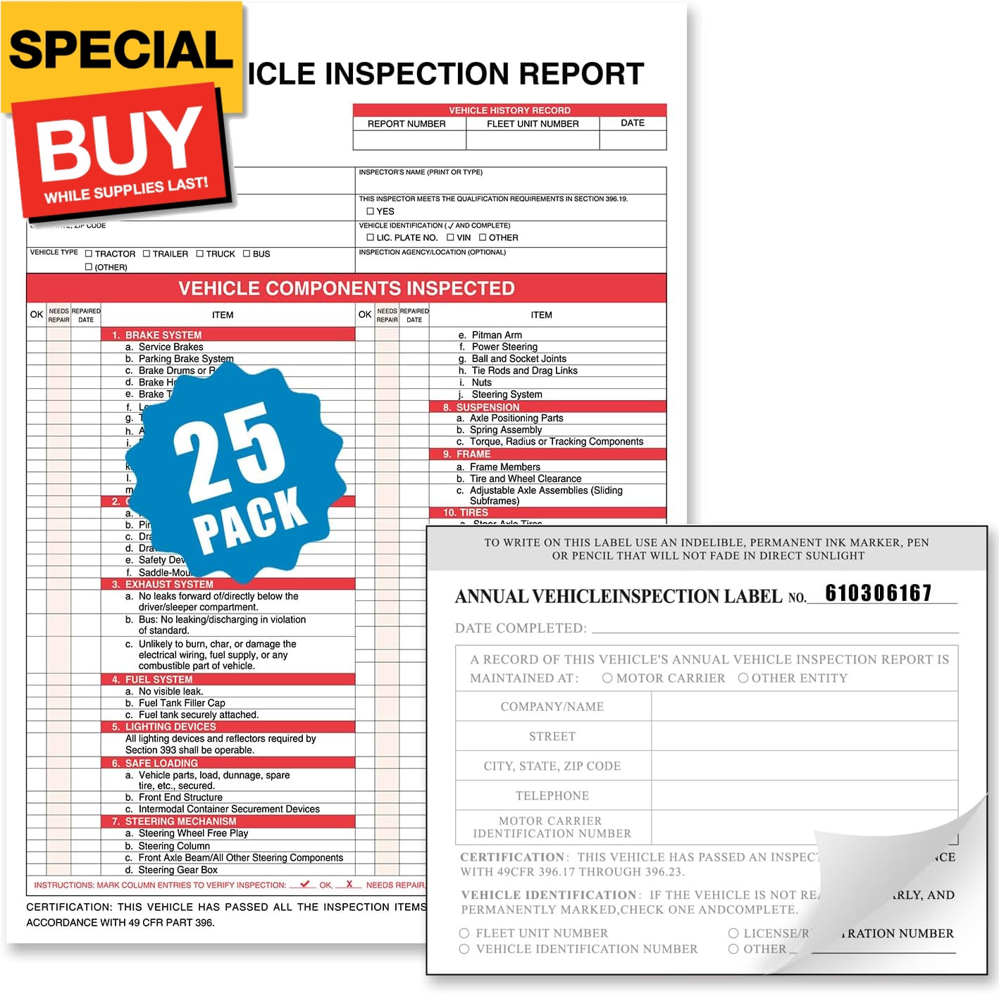 Annual Vehicle Inspection Report Form 25-pk 3-Ply Carbonless, 8.5″ x 11.75″ + 2-