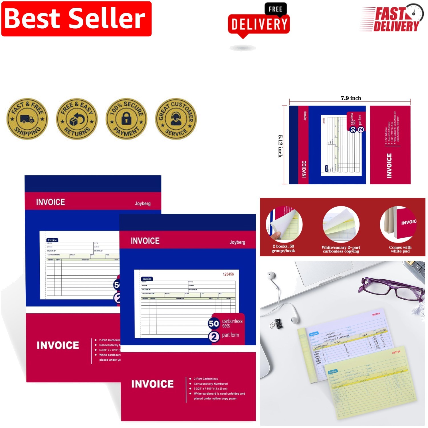 2-Pack Carbonless Invoice Book, 50 Sets, 5-1/8”x7-29/32” for Small Business