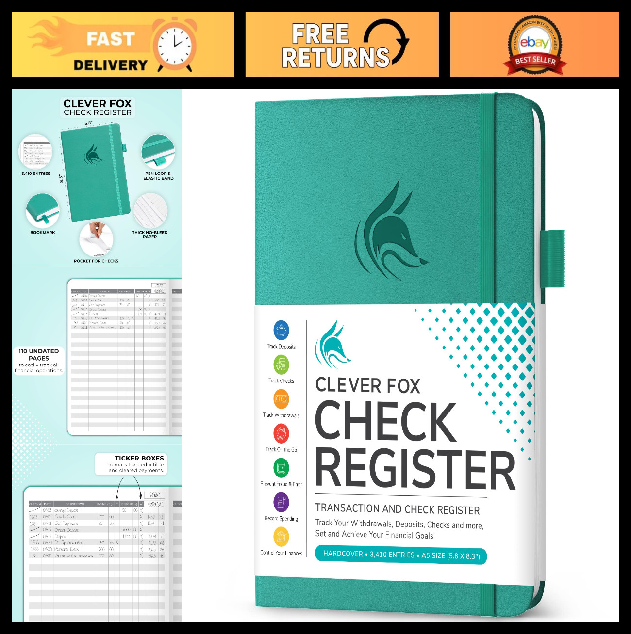 Deluxe Check Register Log Book – A5 Hardcover, Transaction & Bank Account Tracke