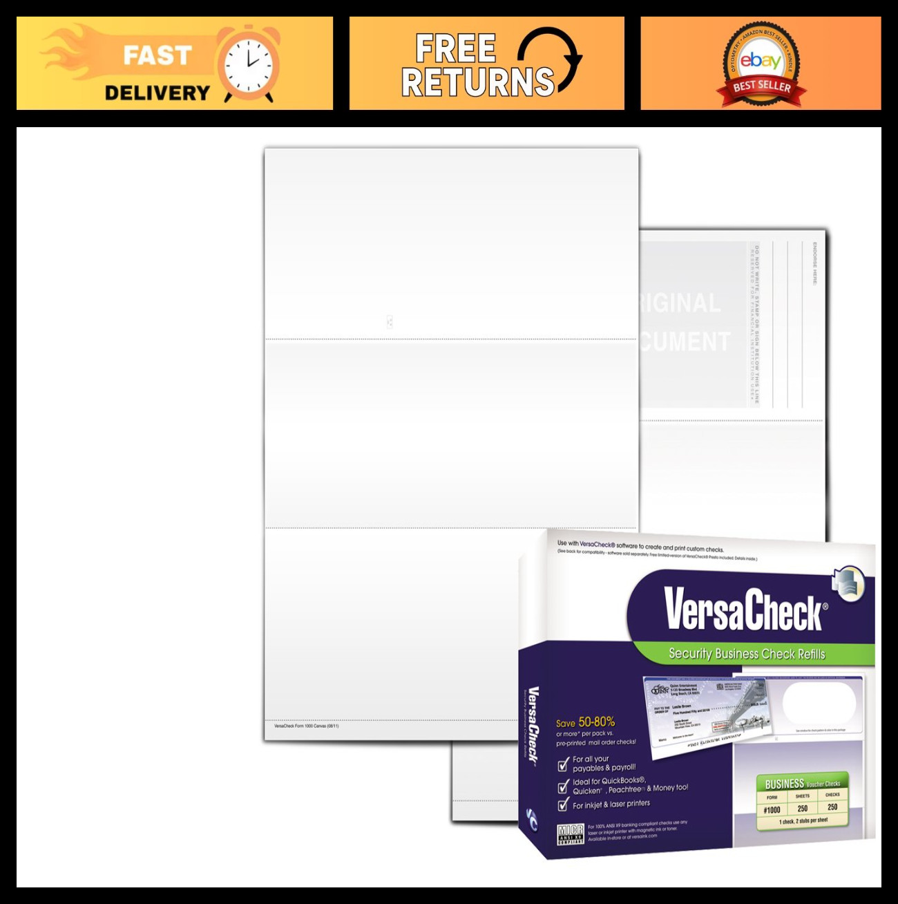 250 Blank Business Voucher Checks – Secure White Canvas – Top Check Format – 250