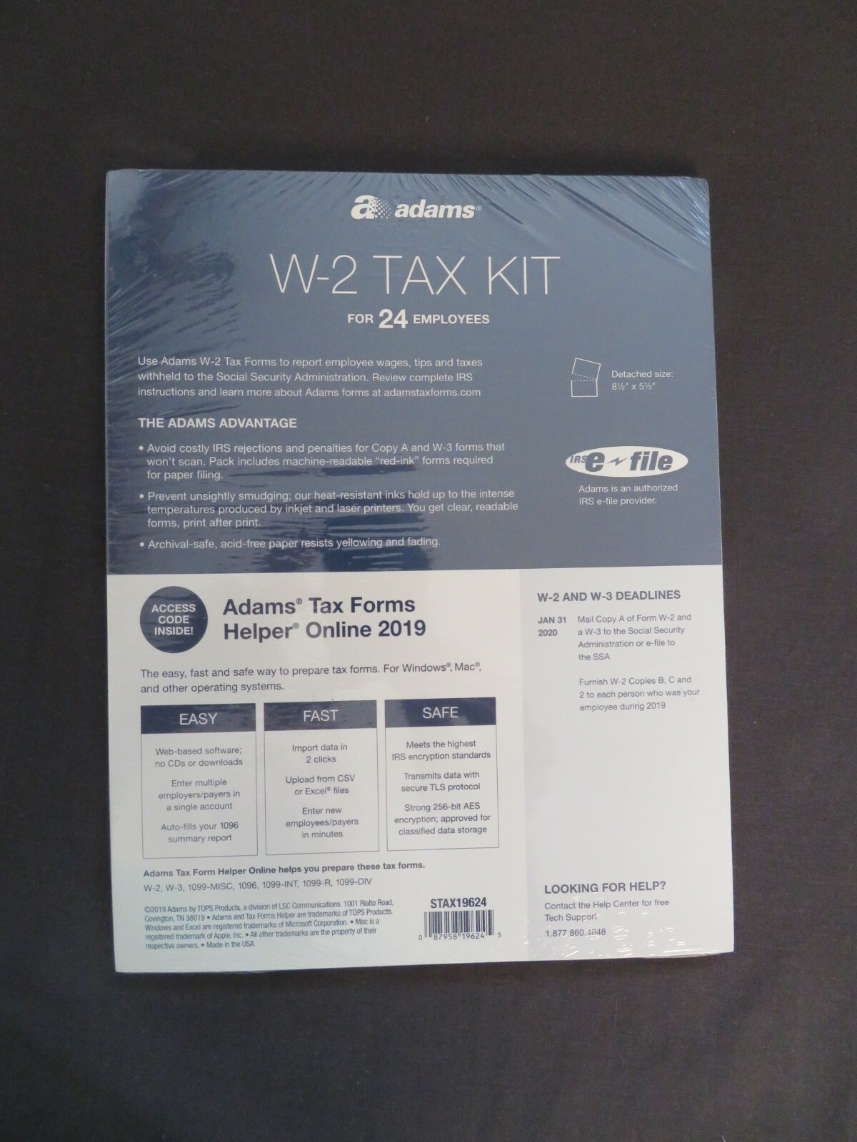 2019 Adams W-2 Tax Kit 24 6-Part Sets, 3 W-3 Summary Forms, 5 Free Fed e-File
