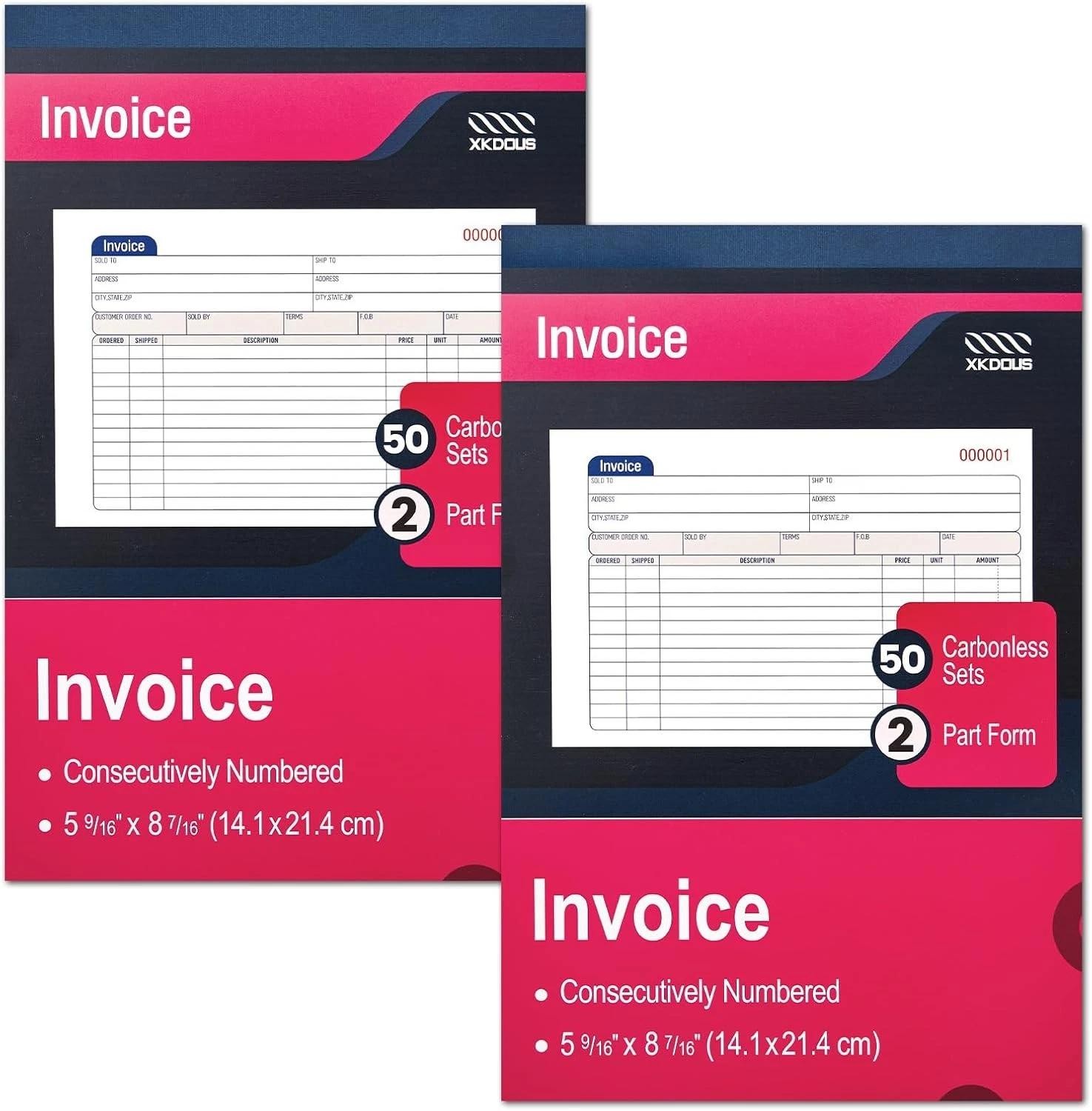 2 Pack Invoice Book, 2-part Carbonless, 5-9/16" X 8-7/16" Invoice Rece