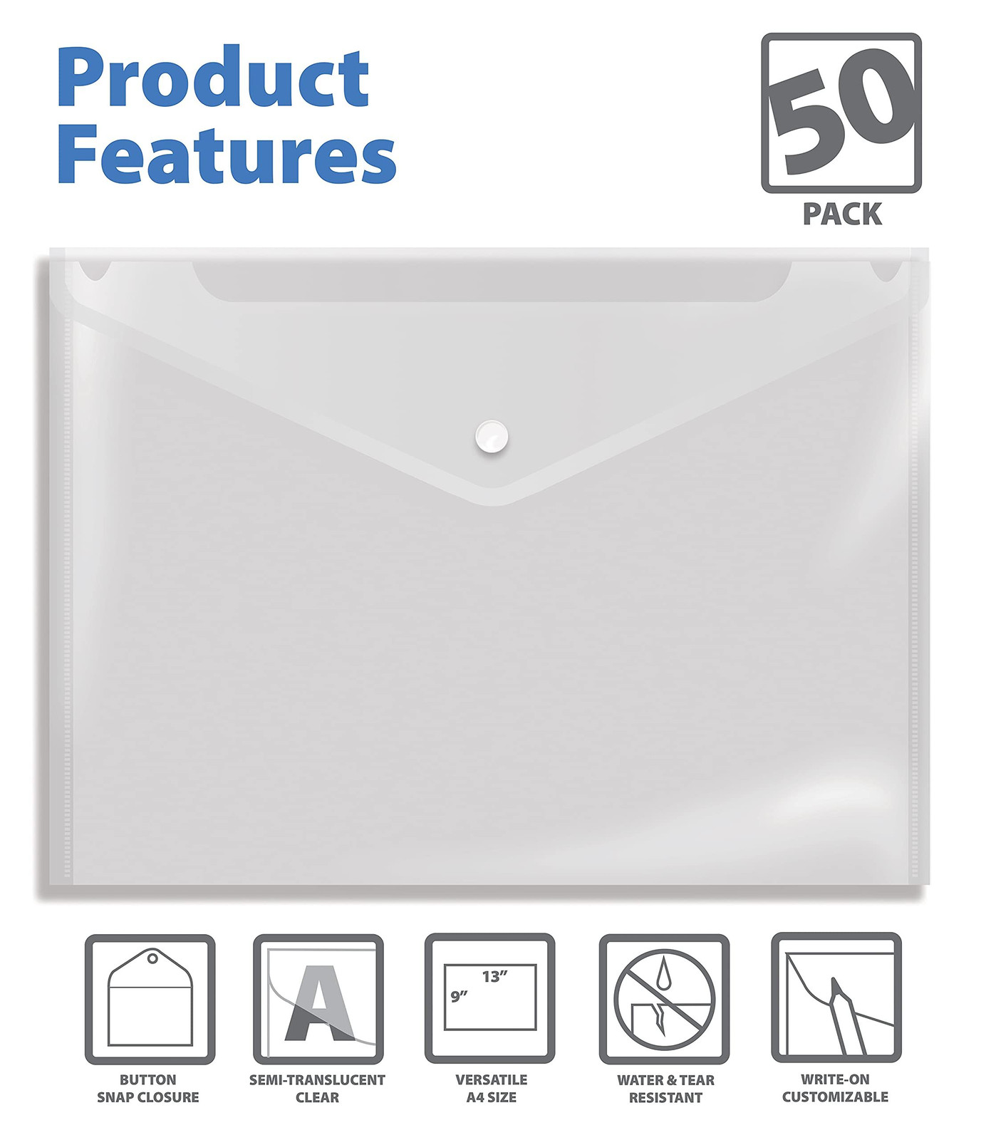 Better Office Products Clear Reusable Plastic Envelopes with Large,