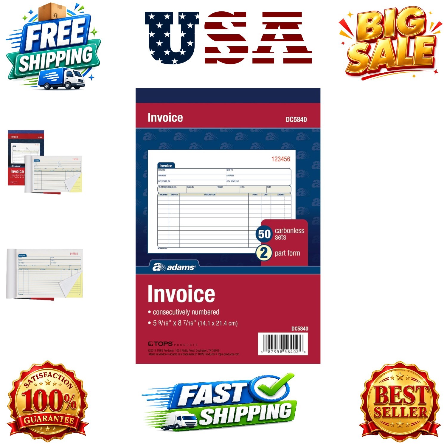 Invoice Book, 2-Part, Carbonless, 5-9/16 x 8-7/16 Inches, 50 Sets per Book