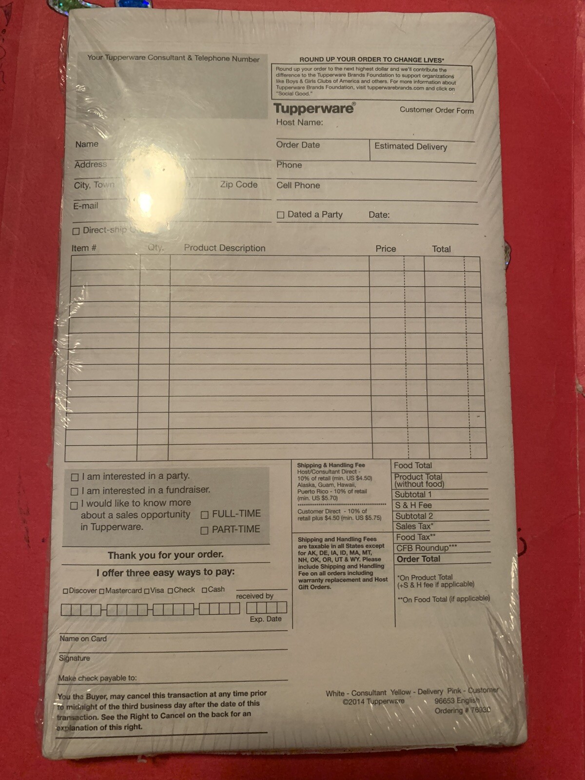 Tupperware Customer Order Forms Carbon Copy Yellow And Pink (1 PACK OF 50)