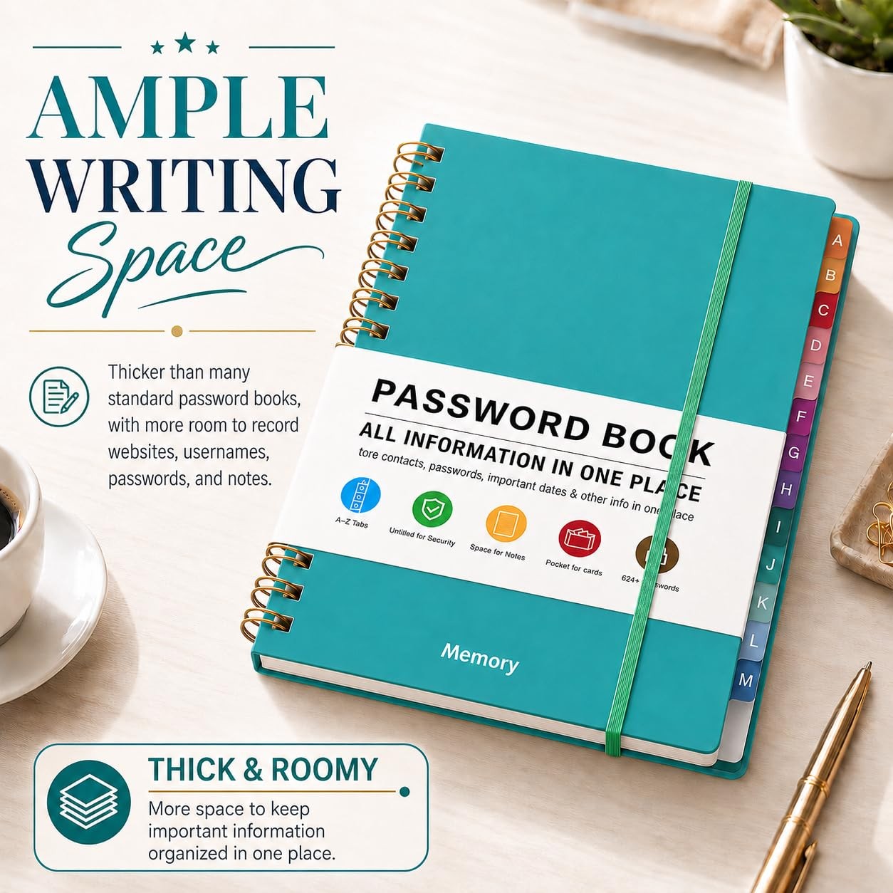 Spiral Password Book with Alphabetical Tabs & A5 (5.8″ X 8.2″), Green Purple