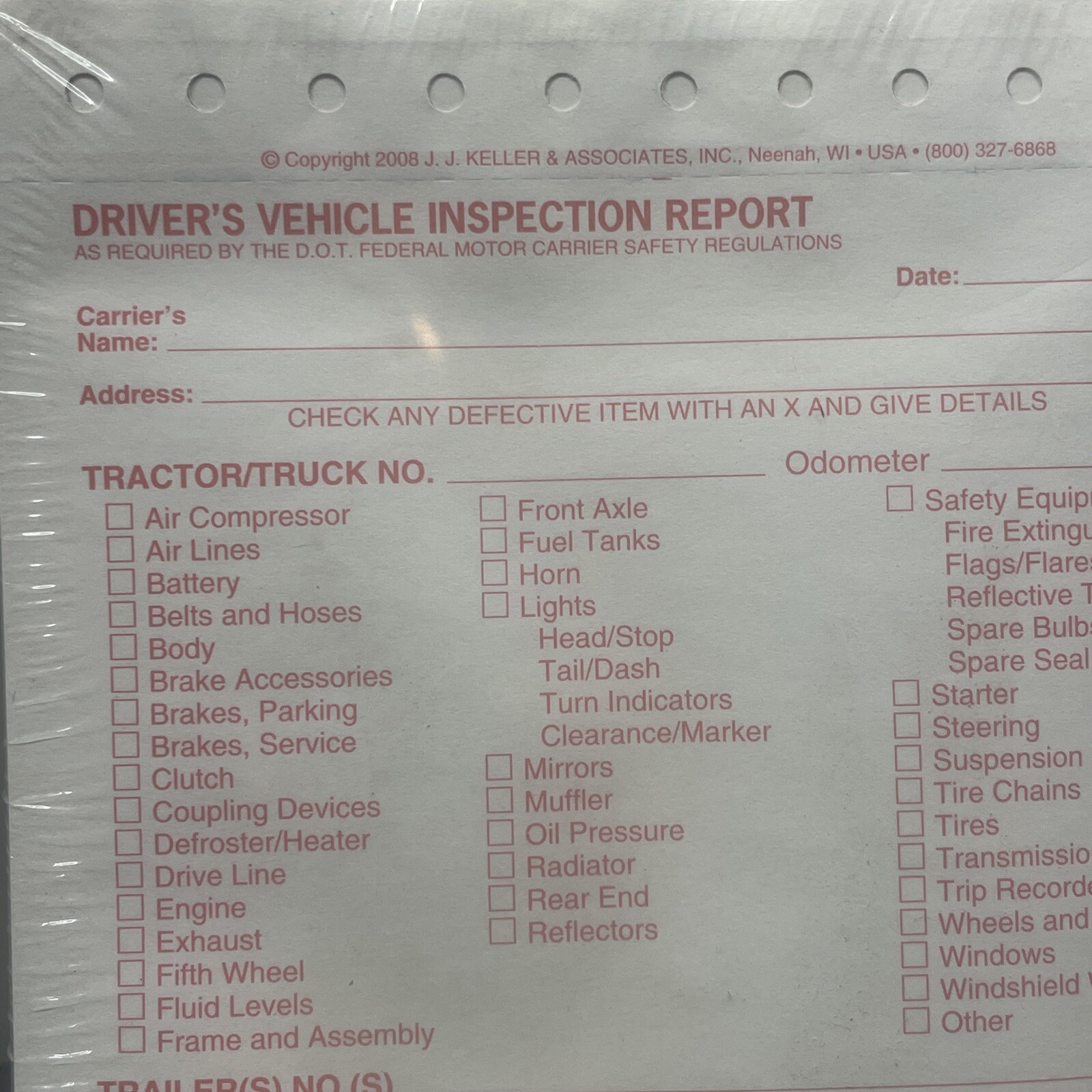 Tractor Truck Driver’s Vehicle Inspection Report 250-pk., 2-Ply Carbonless