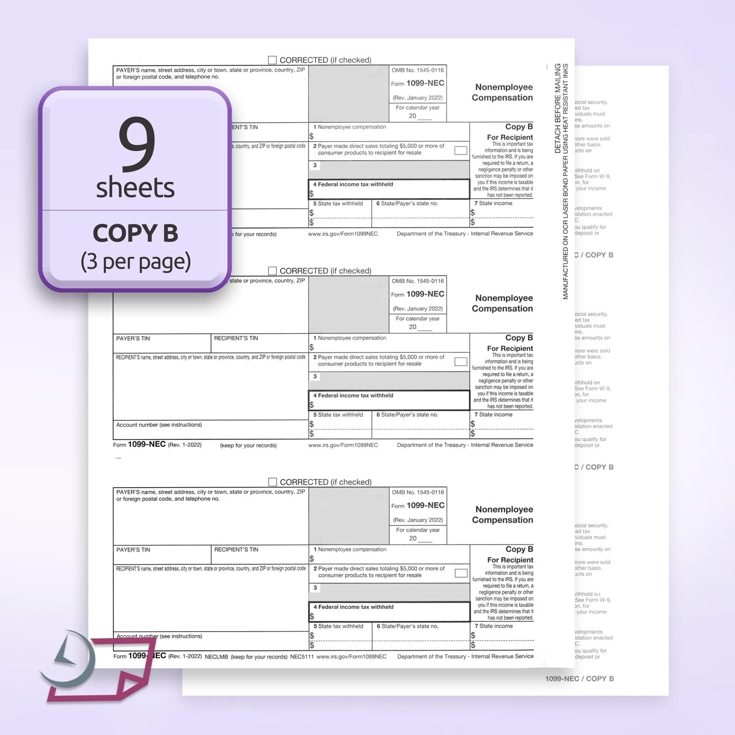 1099 NEC Forms 2025 for 25 Recipients 4 Part Laser Tax Forms Kit, 3 1096 Forms,