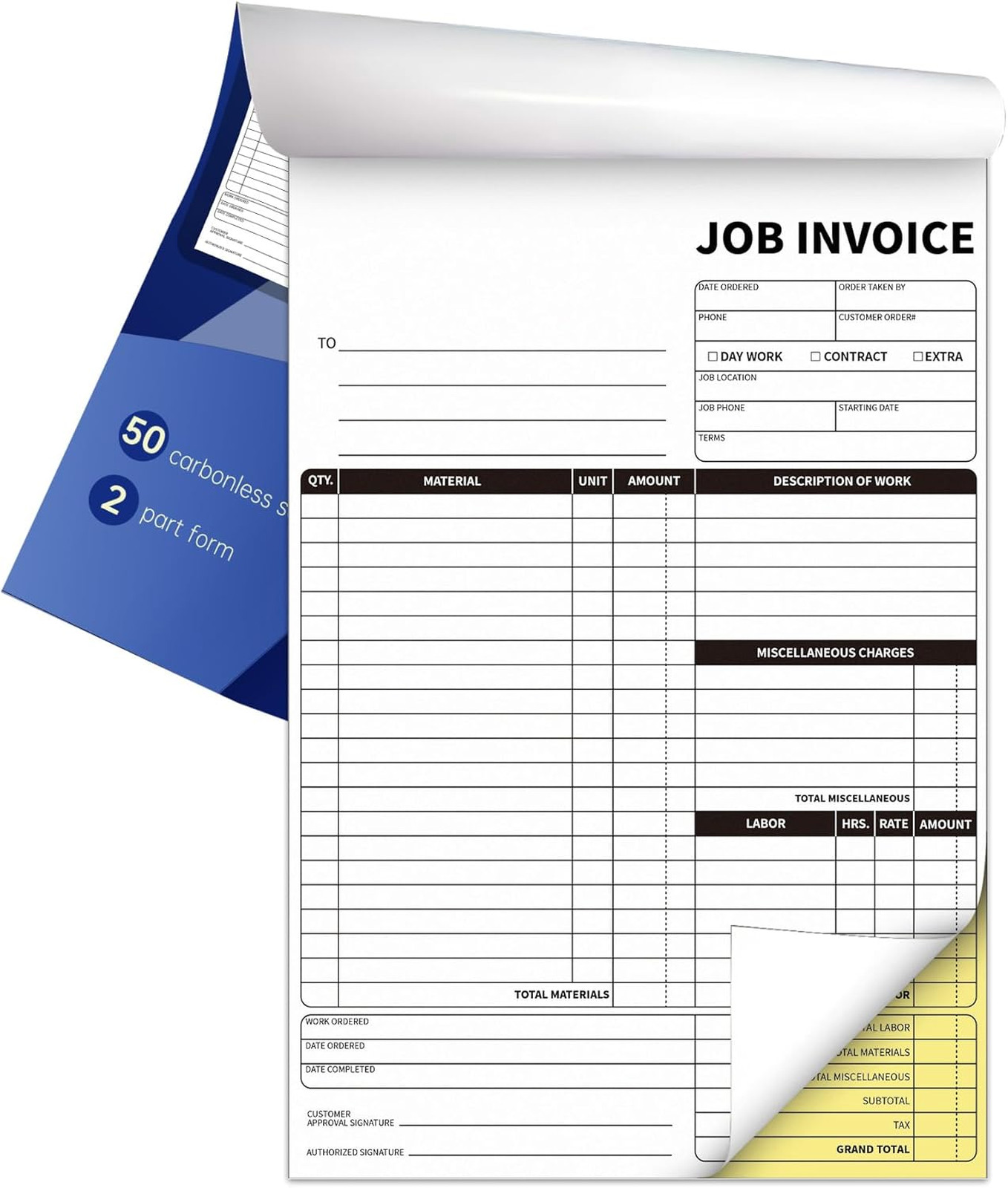 Carbonless Work Order Forms 7.5 x 11 Inches Invoices for Small Business Sales