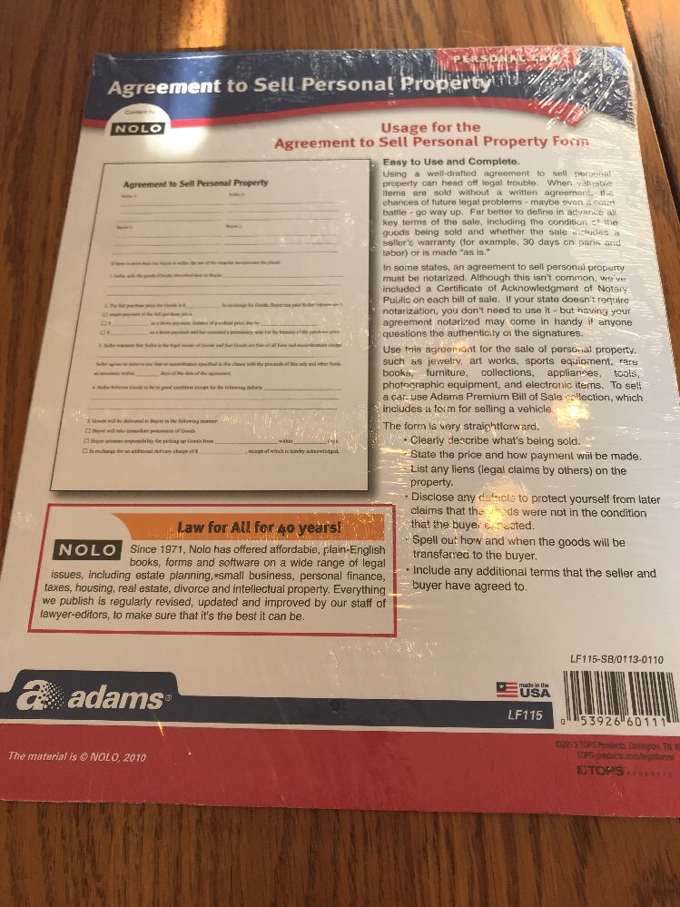ADAMS PERSONAL LAW AGREEMENT TO SELL PERSONAL PROPERTY LF115-SB/0113-0110