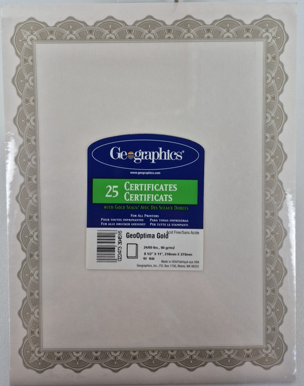 Geographics Acid Free Certificates 8-1/2 x 11 Optima Gold Border 25/Pack
