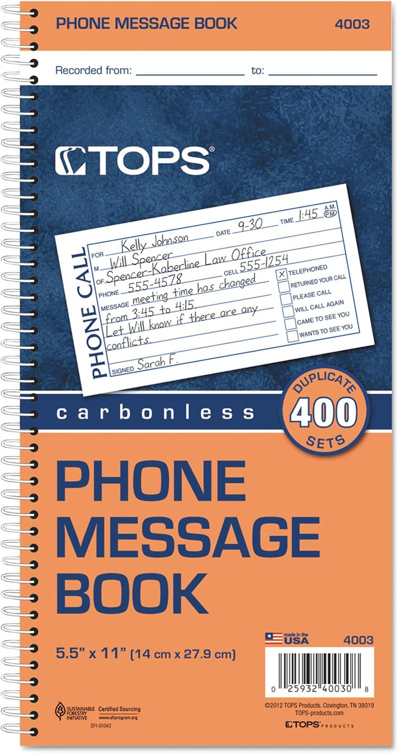 Phone Message Forms Book, Carbonless Duplicate, 2.75 X 5 Inches, 400 Sets per Bo