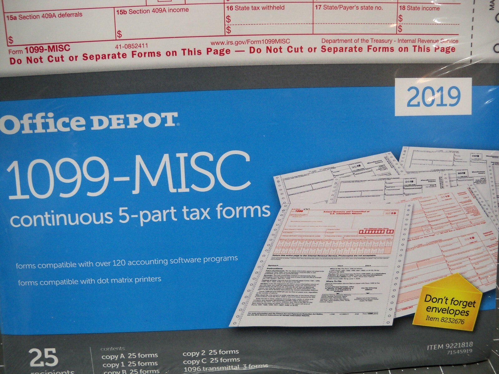 Office Depot 1099-Misc Continuous 5 Part Tax Forms 2019 25 Count USA Tax Staples