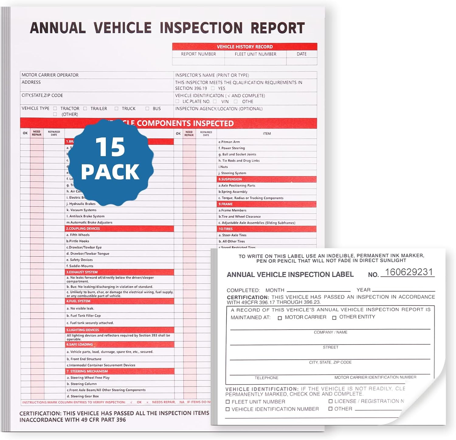 15-Pack Annual Vehicle Inspection Report Form, 3-Ply Carbonless Form and Hardboa
