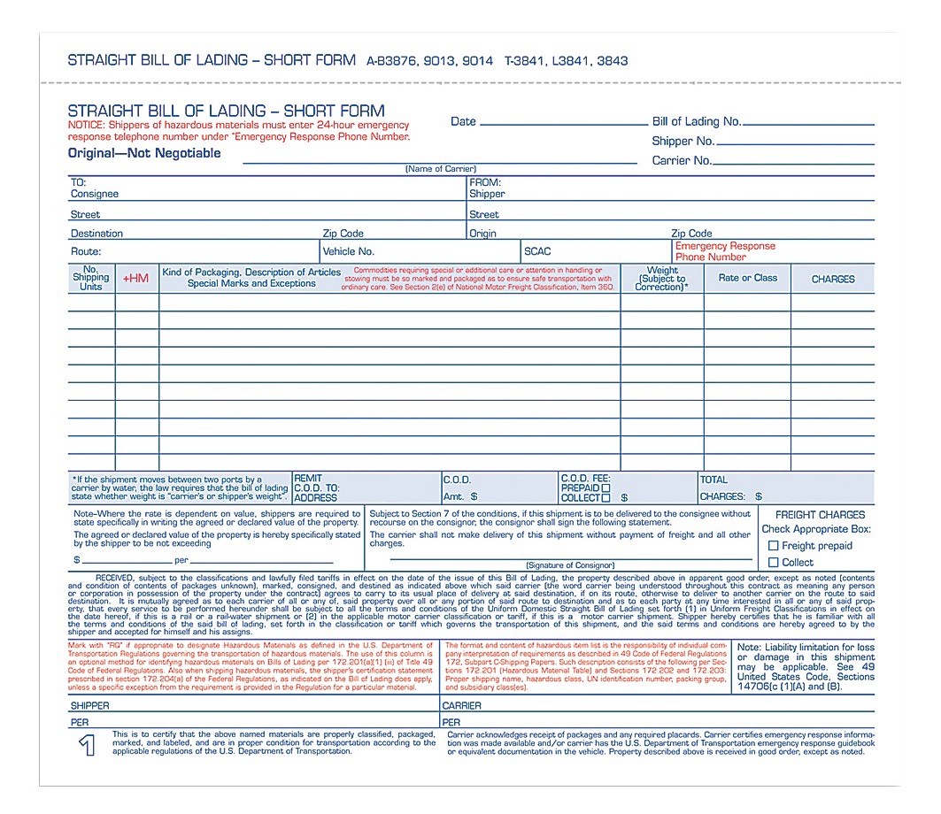Adams Bill Of Lading – Short Form, 8-1/2” x 7-7/16”, 3 Part Form, Lot Of 3