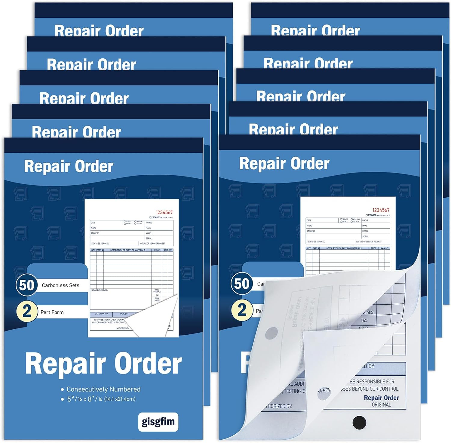 10 Pad Repair Order Book 2 Part Carbonless Receipt Books Consecutively Numbered