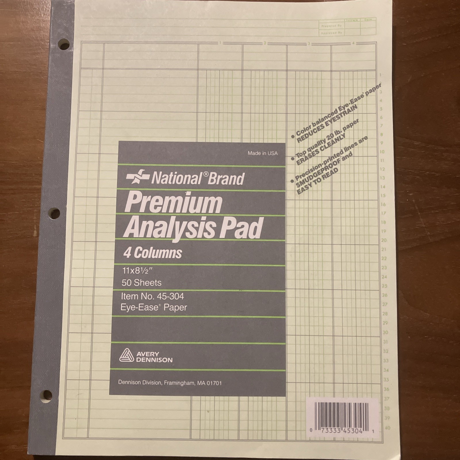 National Premium Analysis Pad 8 Columns 11 X 8 1/2” 45 Sheets Eye-Ease Paper