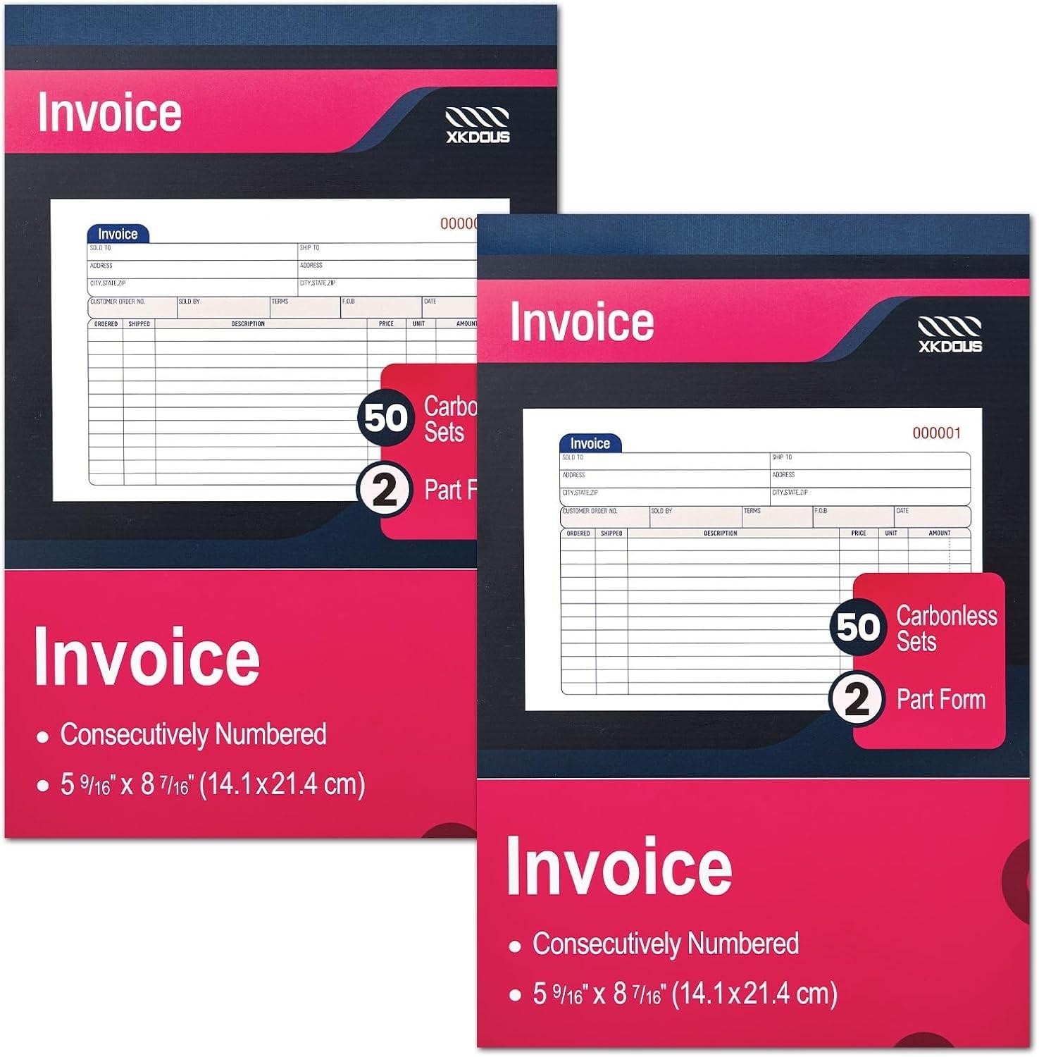 2 Pack Invoice Book, 2-part Carbonless, 5-9/16" X 8-7/16" Invoice Rece