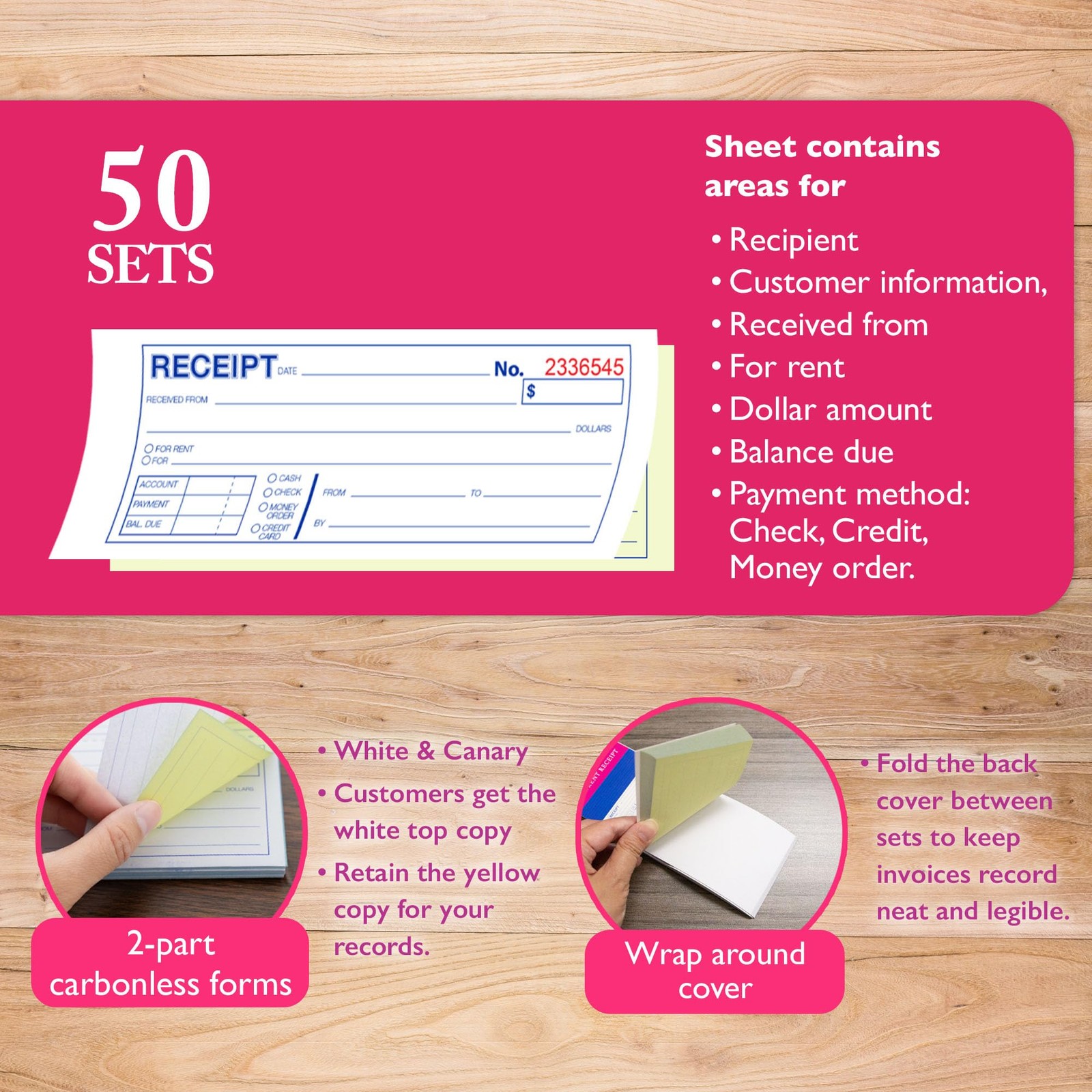 BAZIC PRODUCTS Cash or Rent Receipt Book, 2-Part Carbonless, 1-Pack, 50 Sets