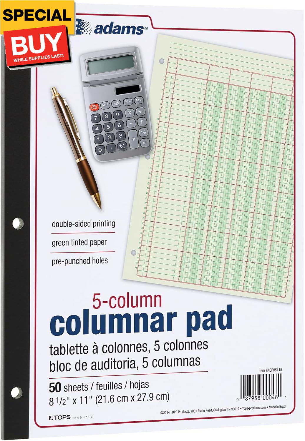 Columnar Analysis Pad, 5 Column Ledger, 8.5″ x 11″, 100 Pages (50 Sheets), Green