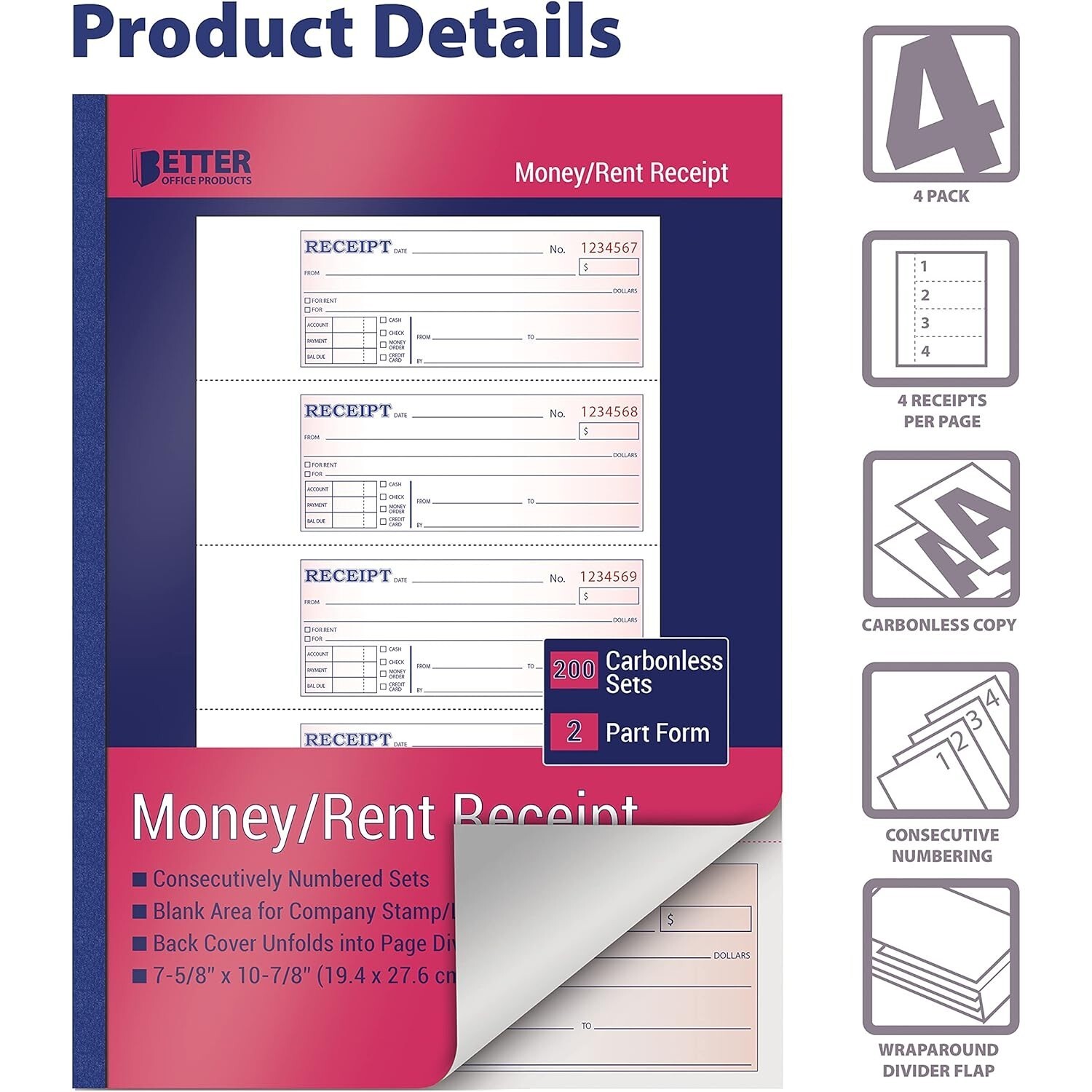 Cash and Rent Receipt Books 4 Pack 2-Part Carbonless 800 Sets Total