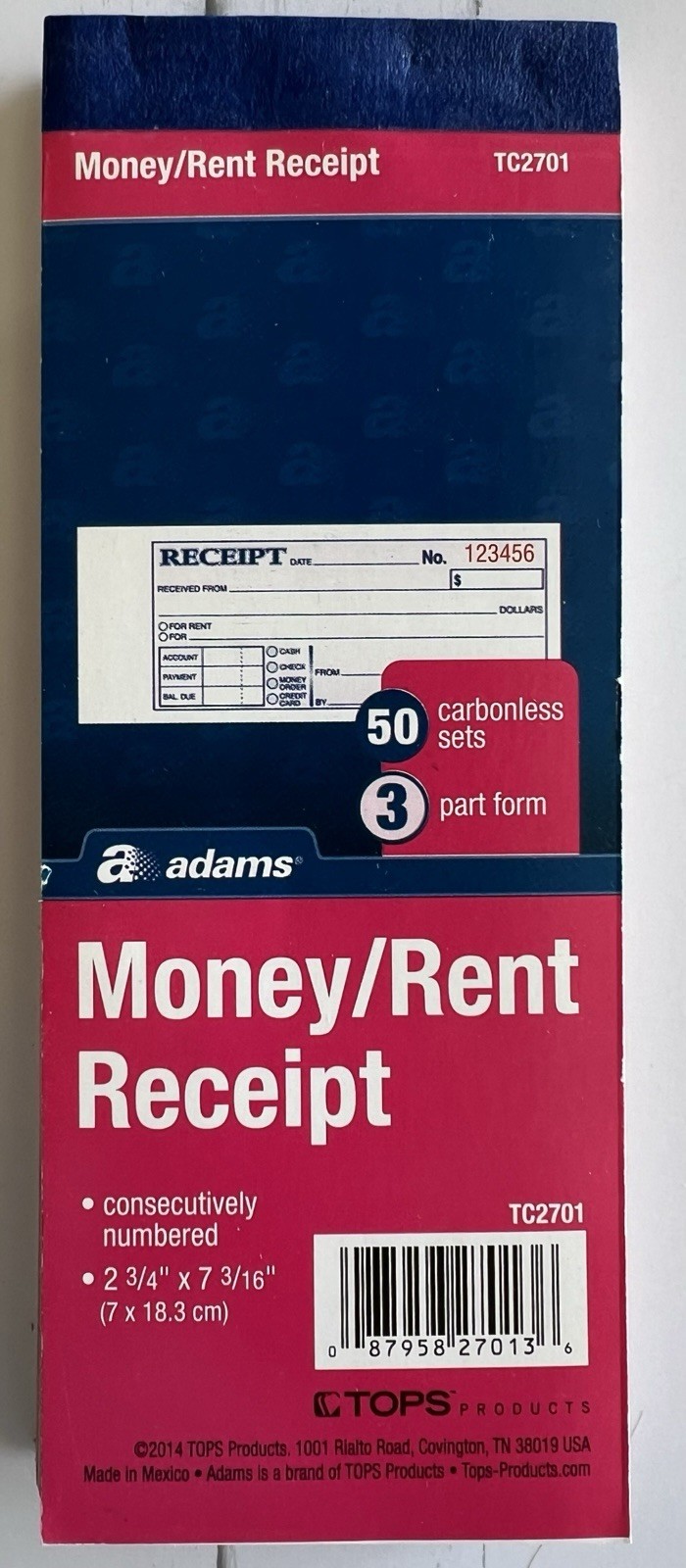 Adams TC2701 Money/Rent Receipt Book, 3 Part Carbonless Numbered New Free Ship