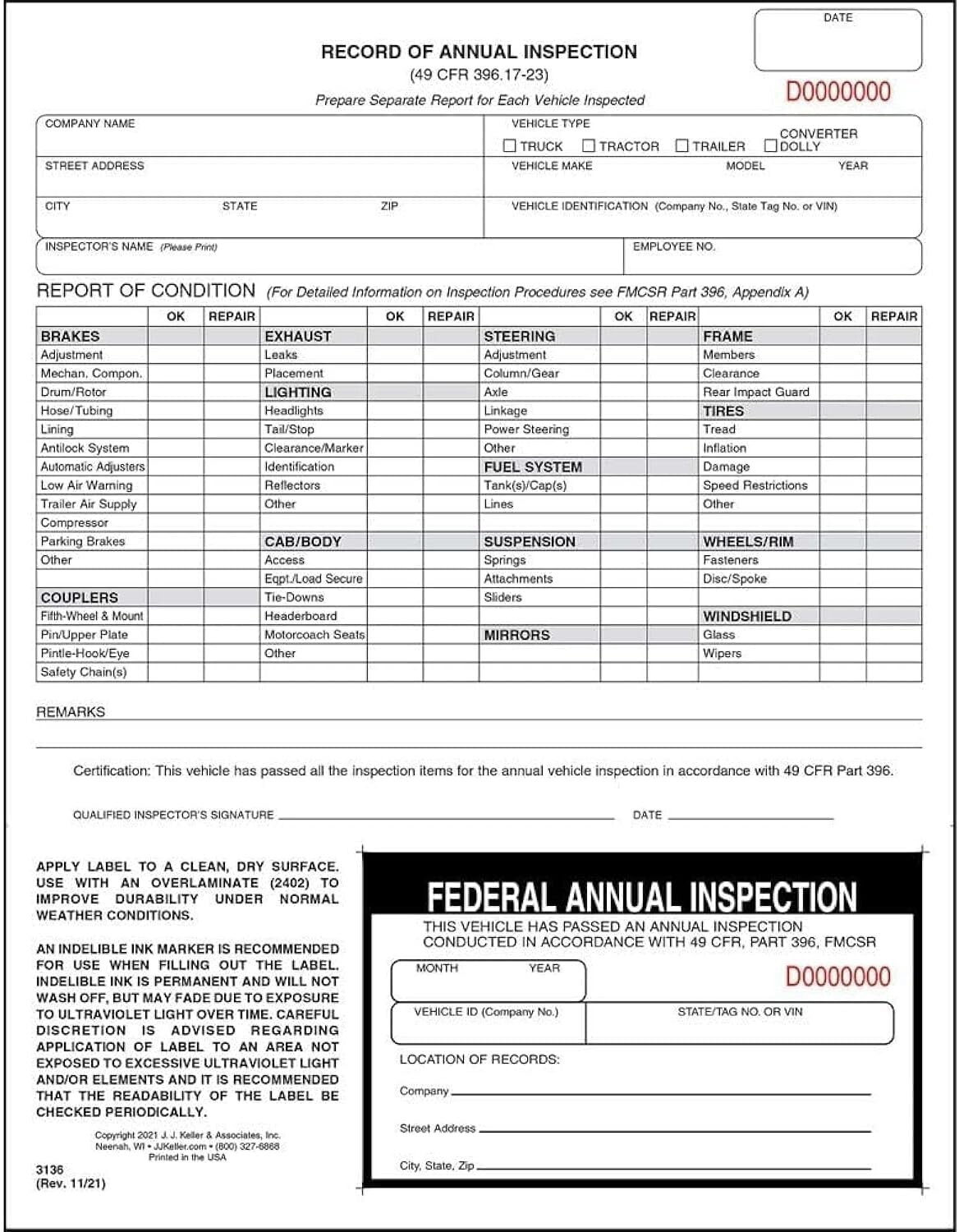 Comprehensive DOT Inspection Forms with Decals – 100-Pack for Fleet Compliance