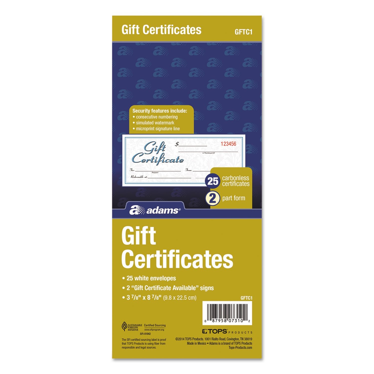 Adams Gift Certificate Book, 8.50″ Width x 3.40″ Length, White/Canary