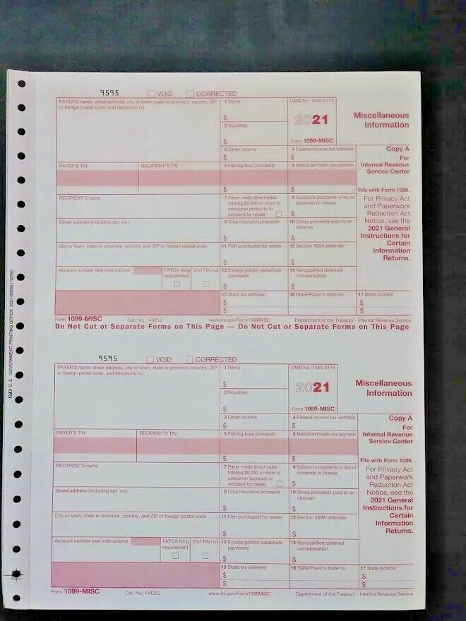 2021: 5 SHEETS 1099-MISC IRS Miscellaneous Income Tax & 3=1096 Transmittal Forms
