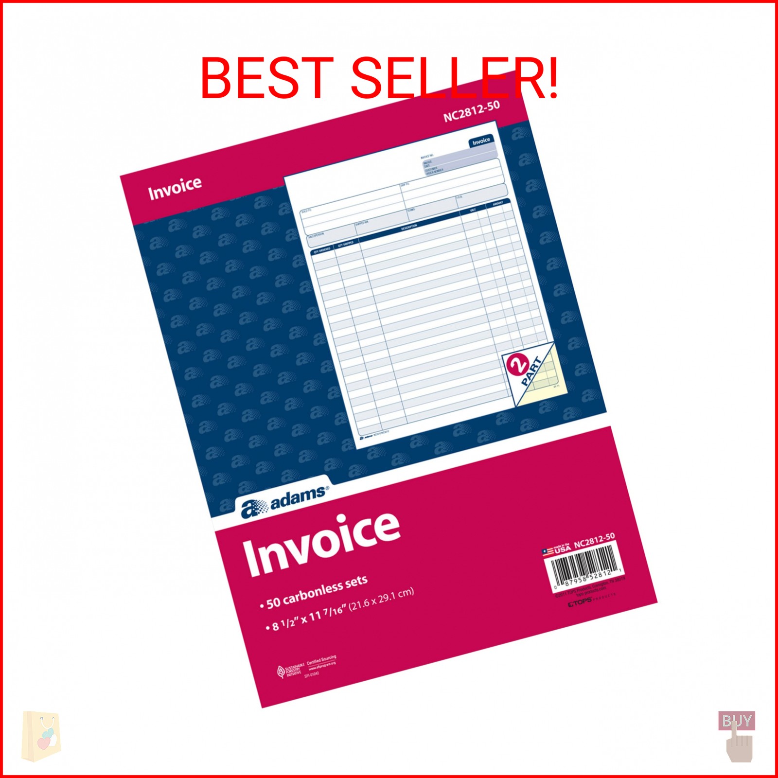 Adams Invoice Sets, 2-Part Carbonless, 8-1/2″ x 11-7/16″, 50 Sets per Pack (NC28