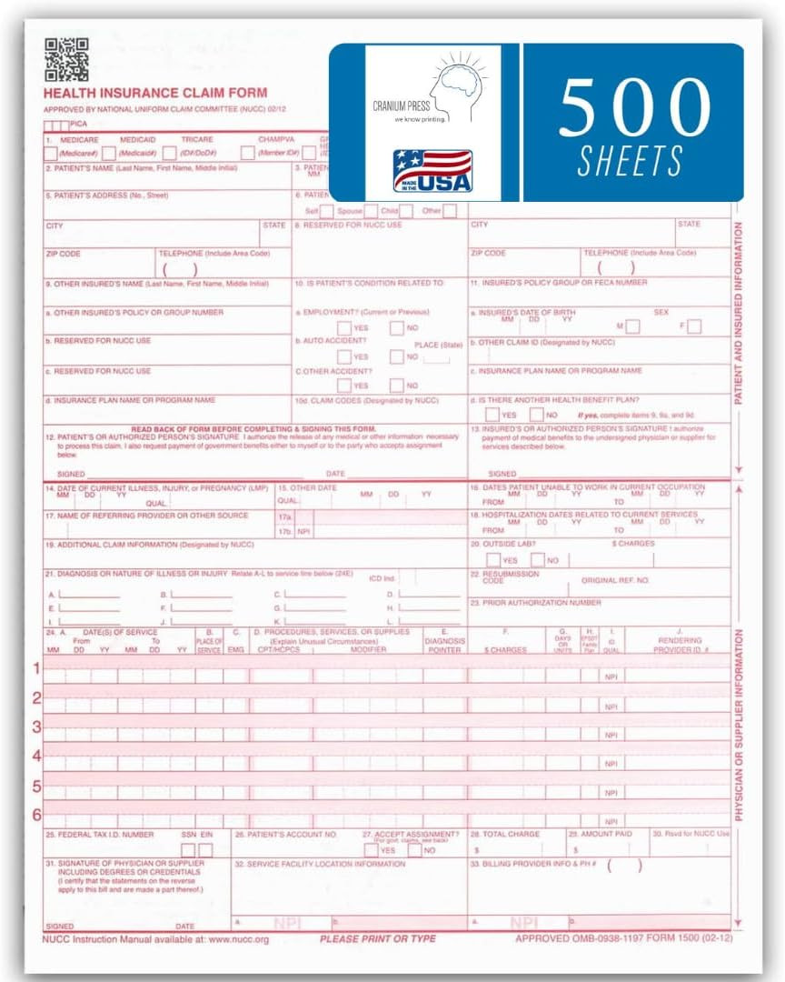 CMS 1500 Claim Forms – 500 Sheets | New Version HCFA 1500 02/2012 Revision | …