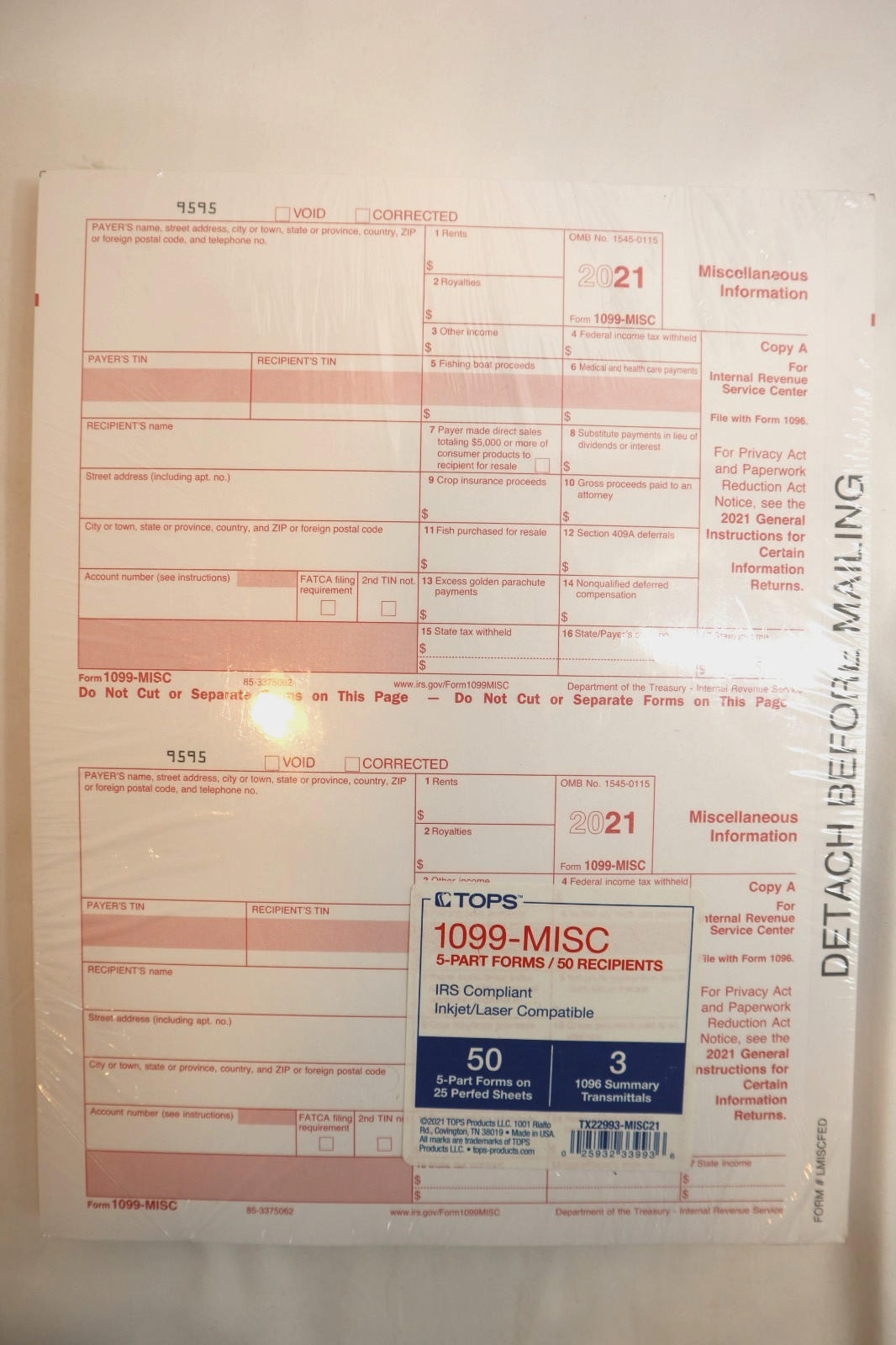 TOPS IRS TAX FORM 1099-MISC – 50 5-PART FORMS EACH PACK – 2 PACKS – BRAND NEW **