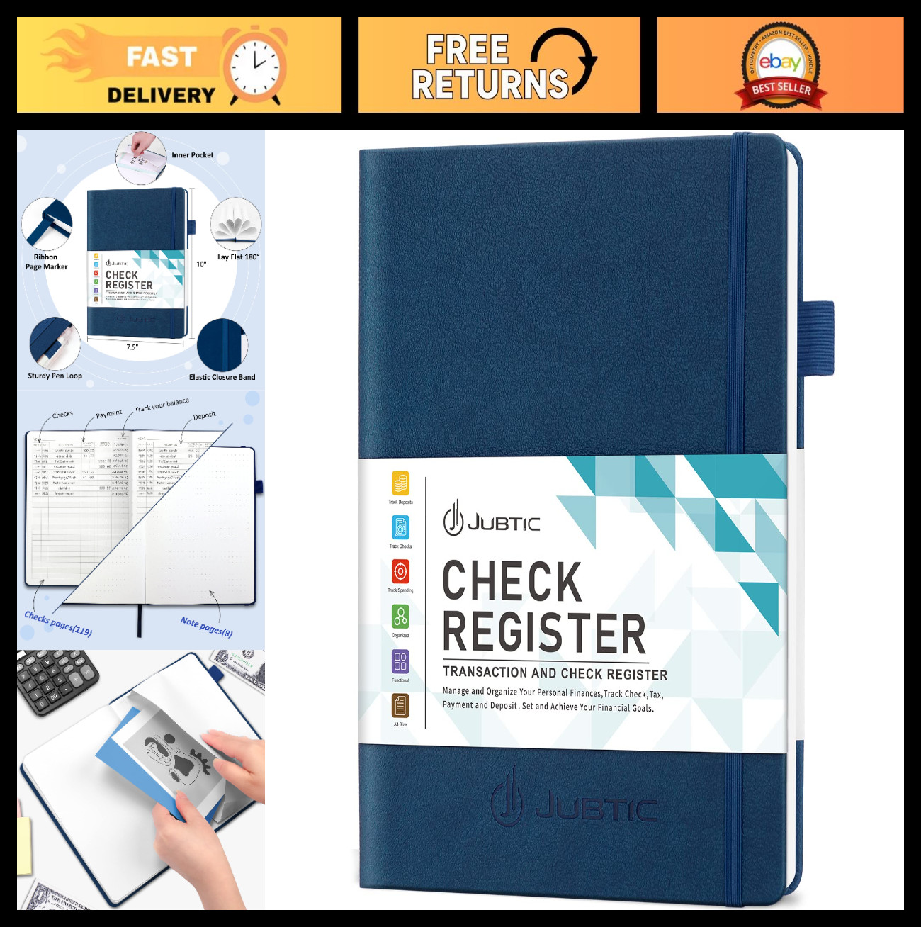 Large Check Register Book for Personal & Business – Track Income & Expenses, Nav