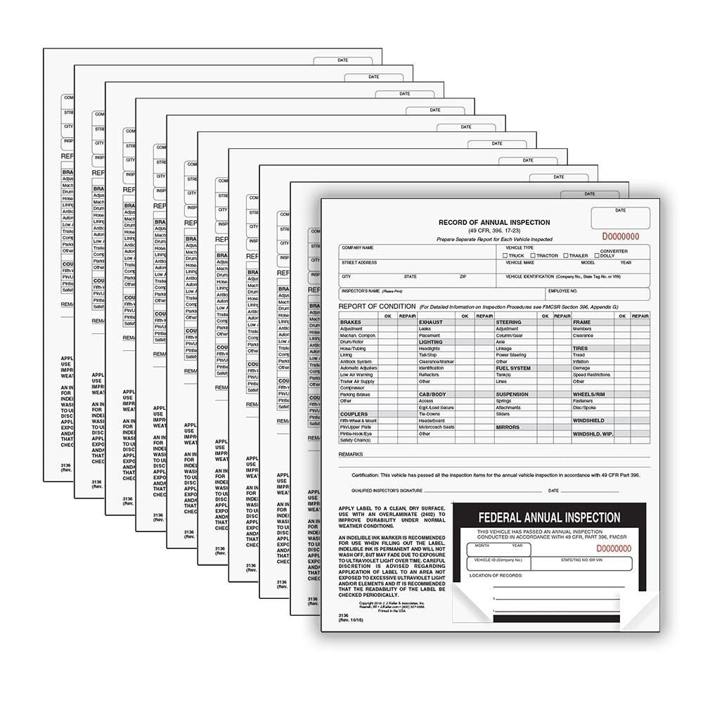 10-Pack Annual Inspection Forms with Labels, 2-Ply Carbonless, DOT Compliant