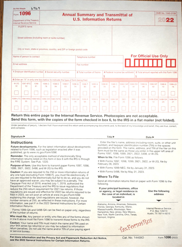 2022 IRS Tax Form 1096 Annual Summary and Transmittal ONLY (for 1099’s to IRS)