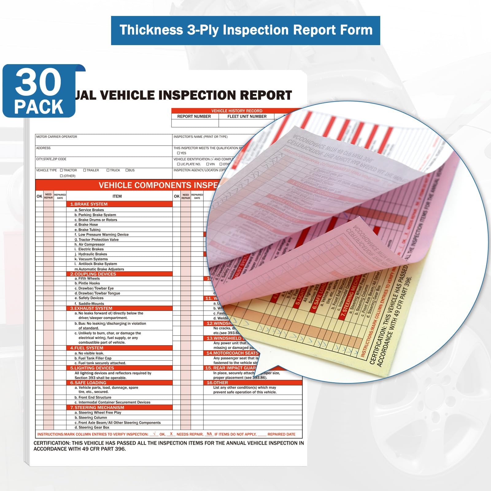 30Pack DOT Annual Vehicle Inspection Forms and Label,30-Pk 3-Ply Annual Vehic…