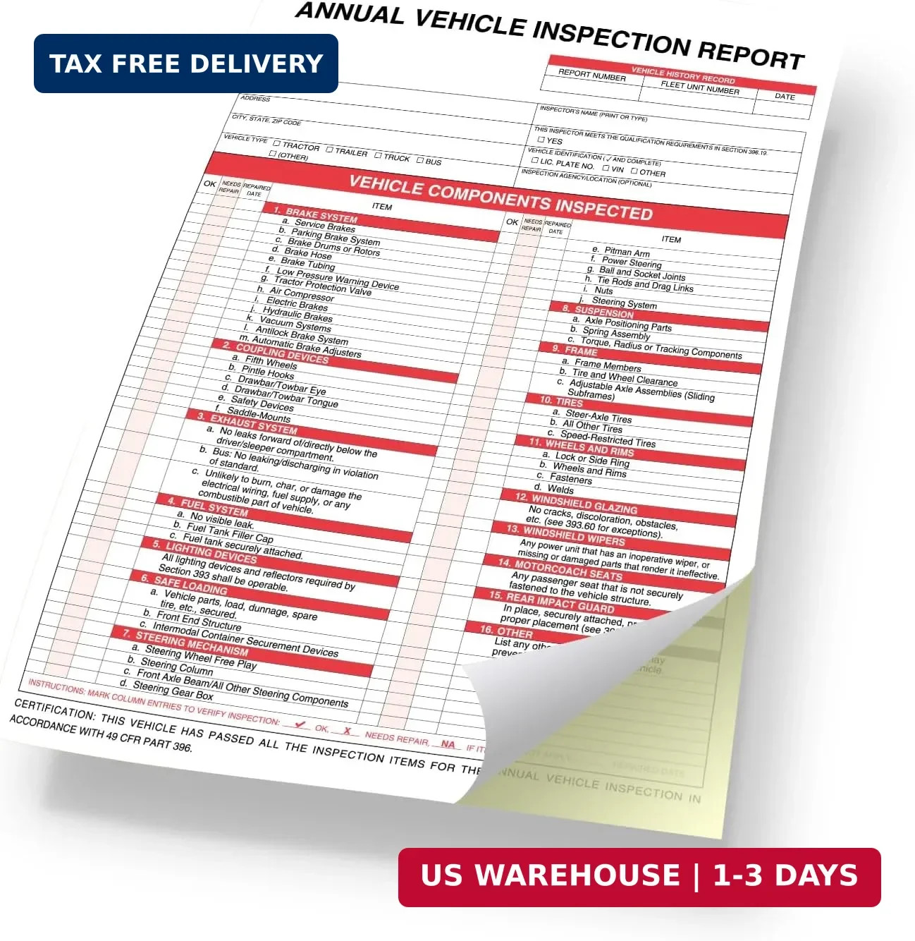 Annual Vehicle Inspection Report Form 25-pk 3-Ply Carbonless, 8.5″ x 11.75″