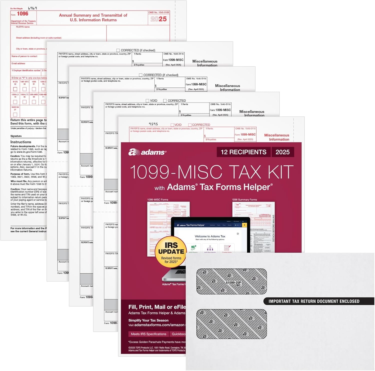 2025 1099 MISC Tax Forms Kit, 4-Part for 12 Recipients with Envelopes