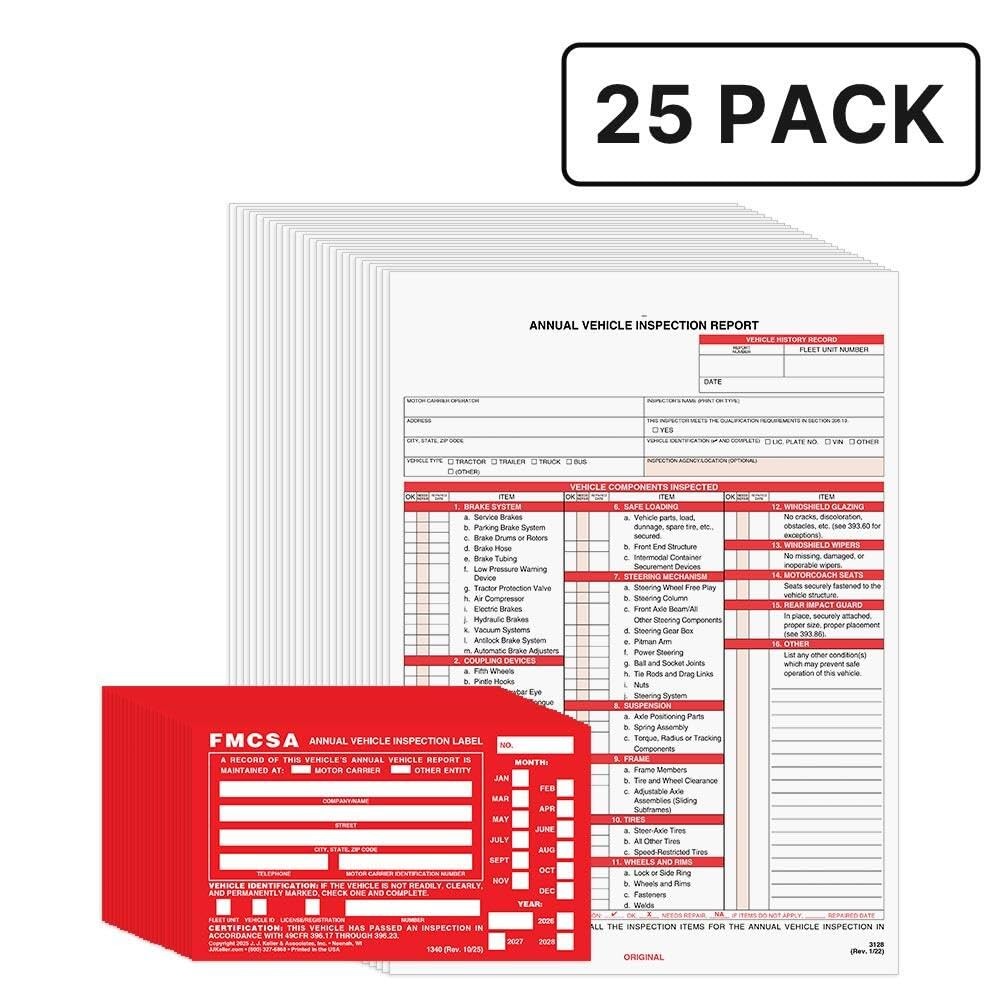 25-Pack Annual Vehicle Inspection Report Form Red FMCSA Label Aluminum 3-Ply DOT